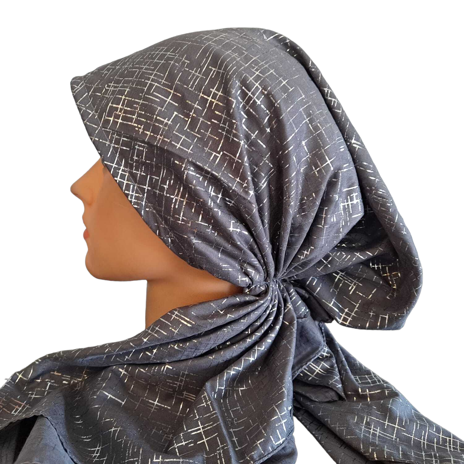 Gray - silver lines patterned pretied tichel w/band sewn in (BBS)