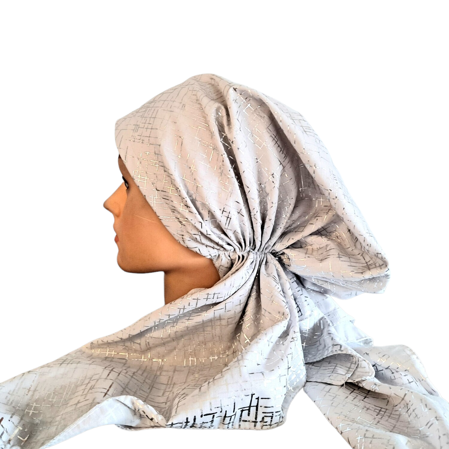 Light gray - silver lines patterned pretied tichel w/band sewn in (BBS)
