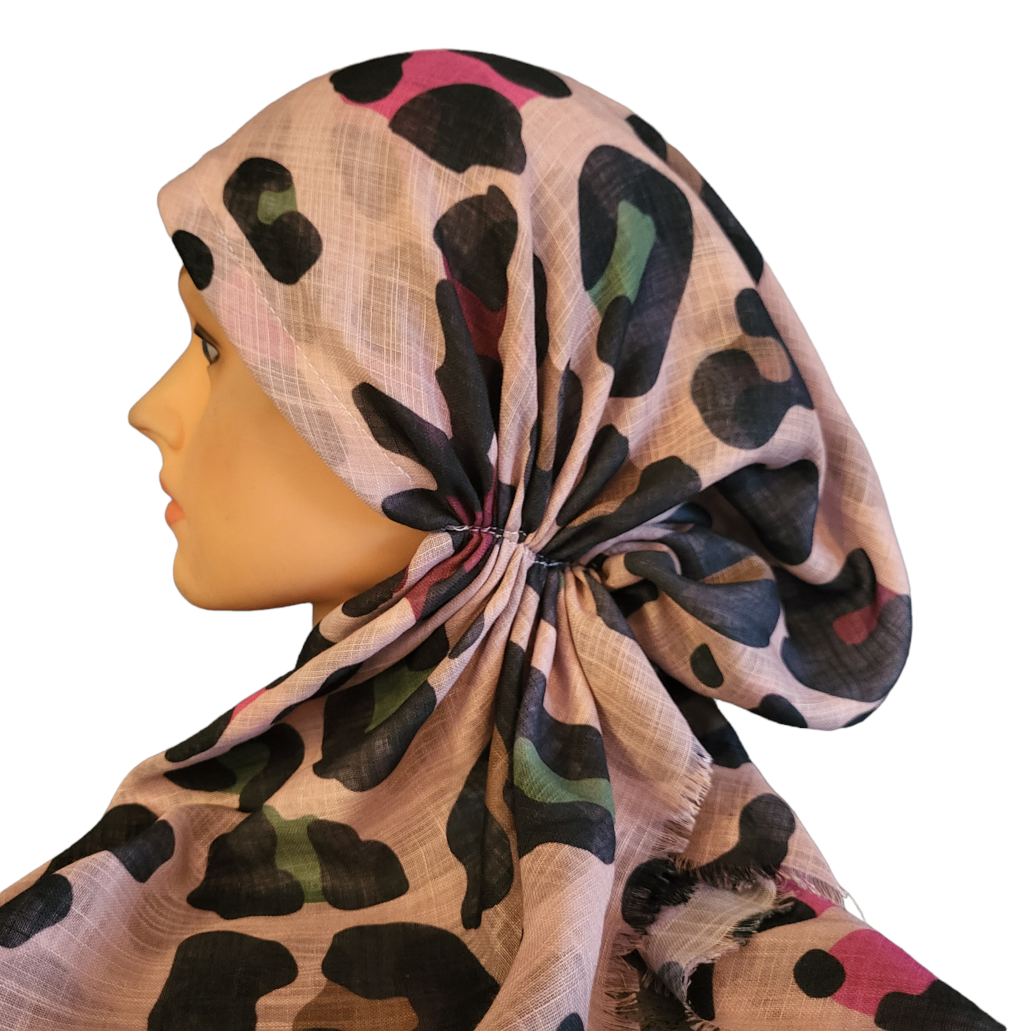 Peachy pink leopard pattern - soft fringes pretied tichel