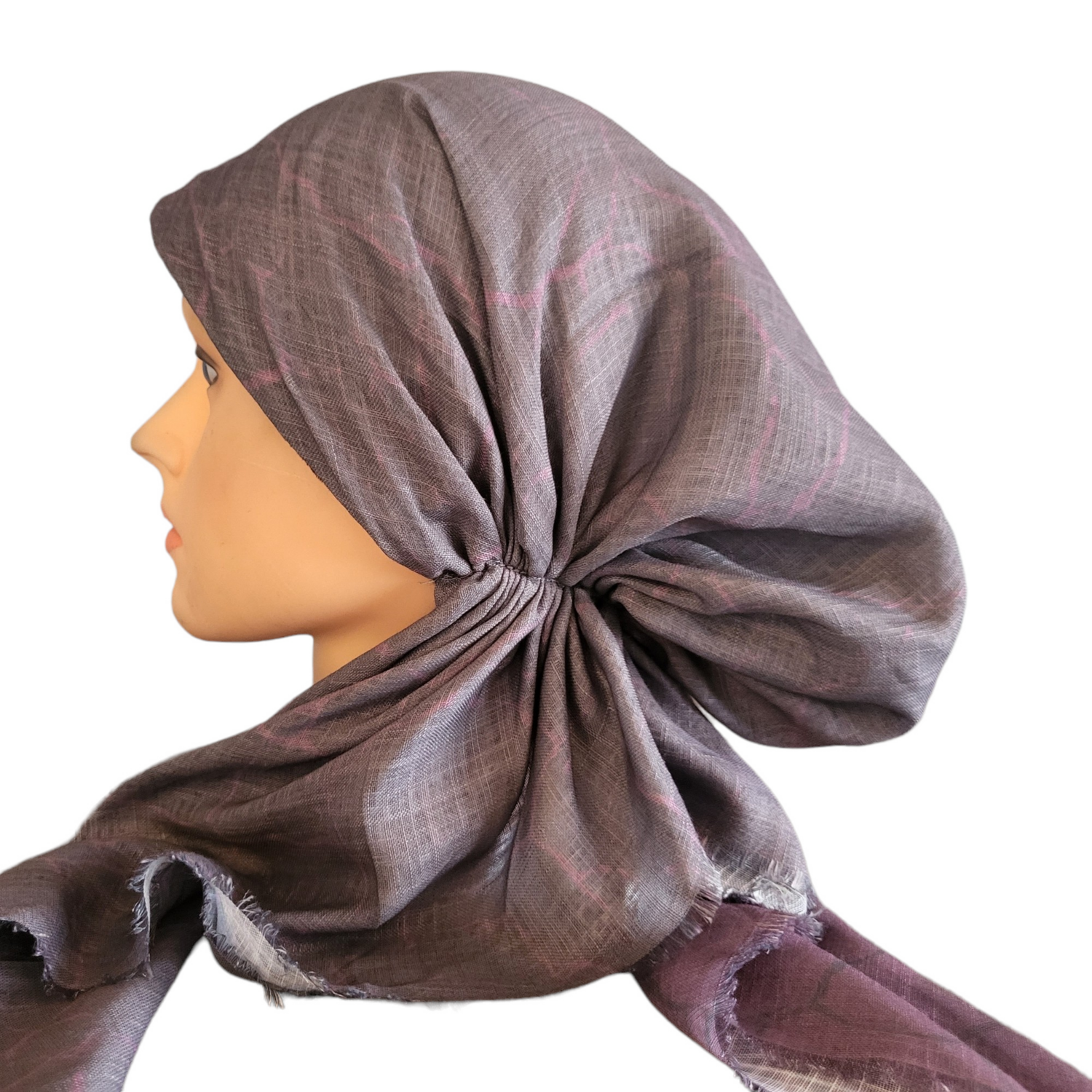 Berry/gray shaded patterned - soft fringes pretied tichel