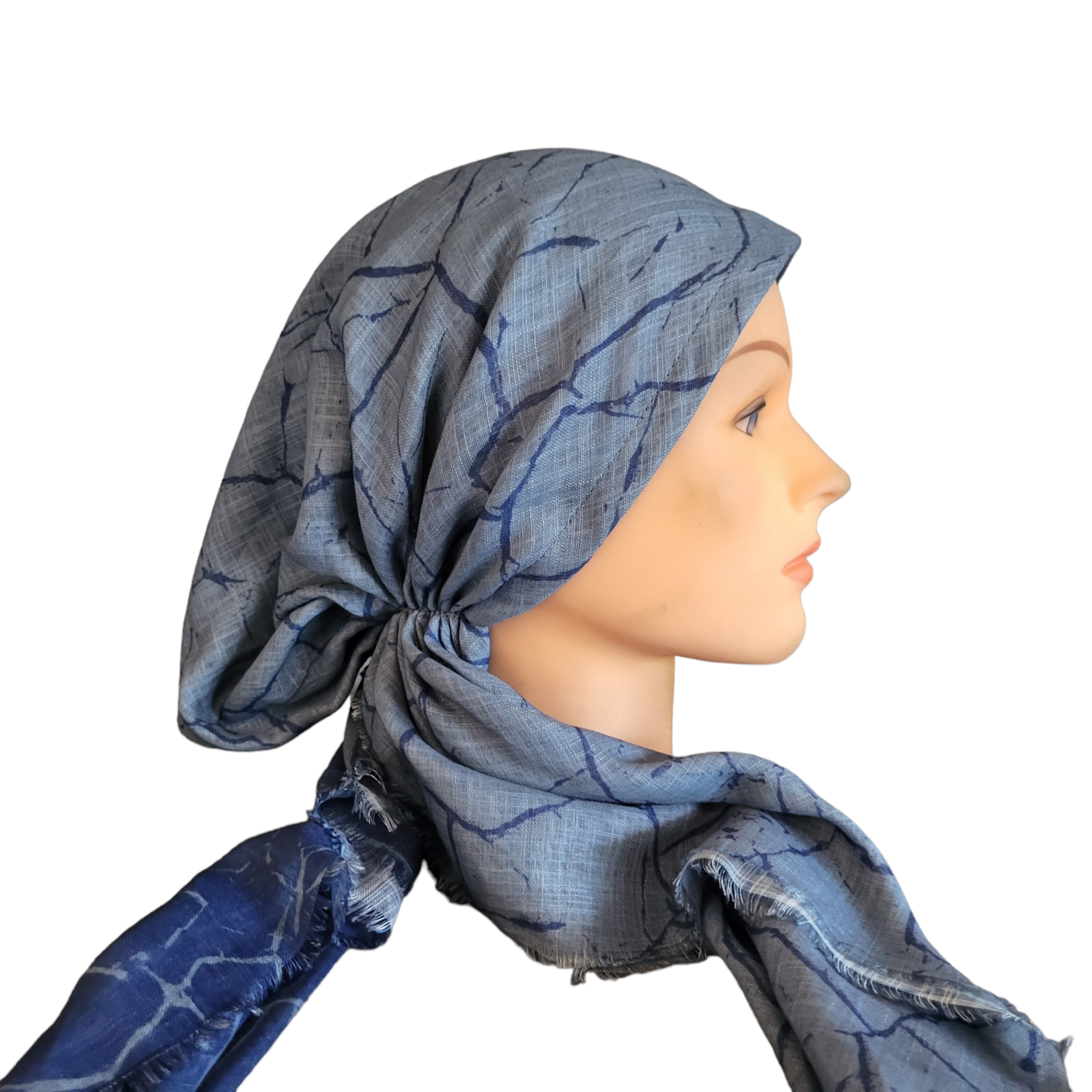 Denim shaded patterned - soft fringes pretied tichel