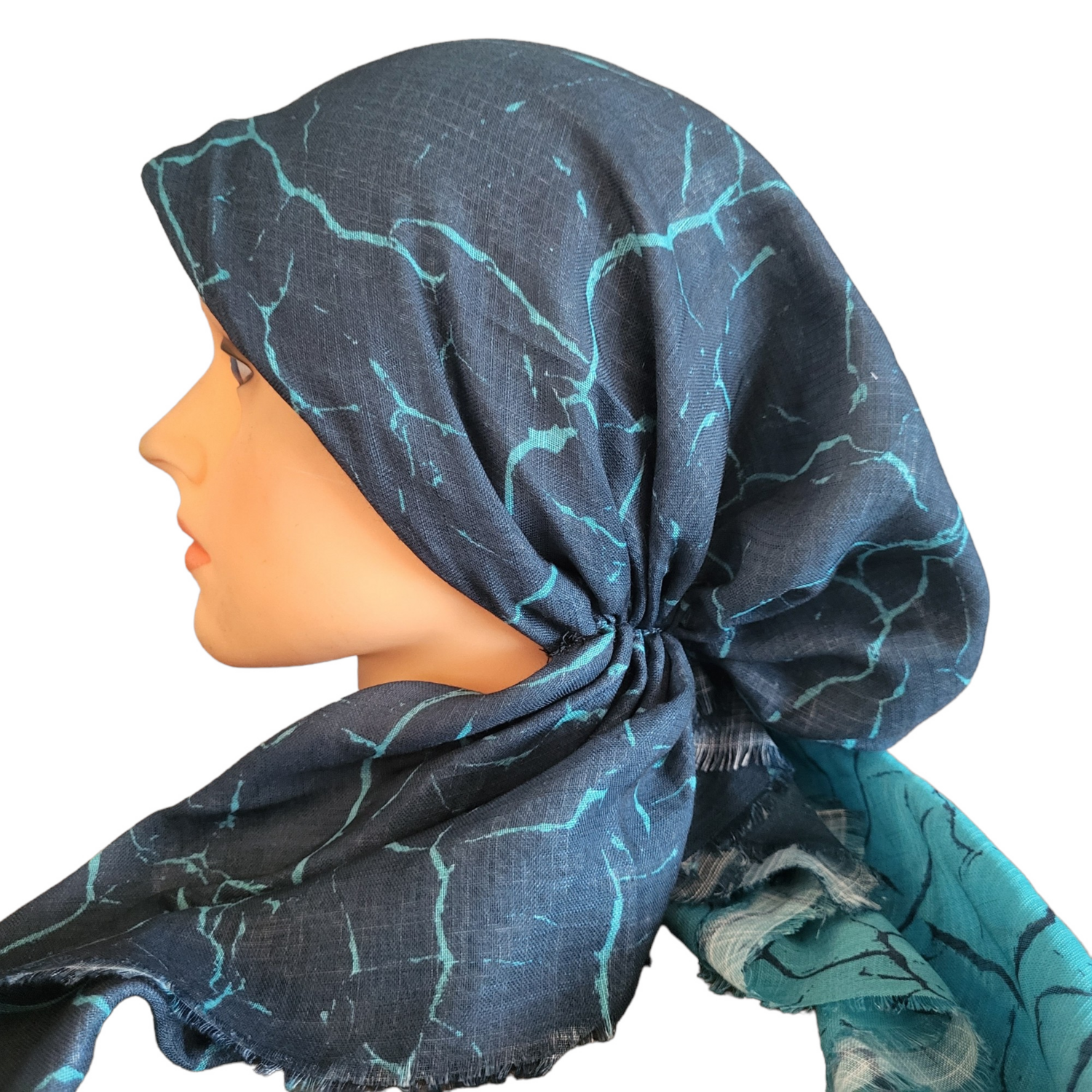 Turquoise shaded patterned - soft fringes pretied tichel