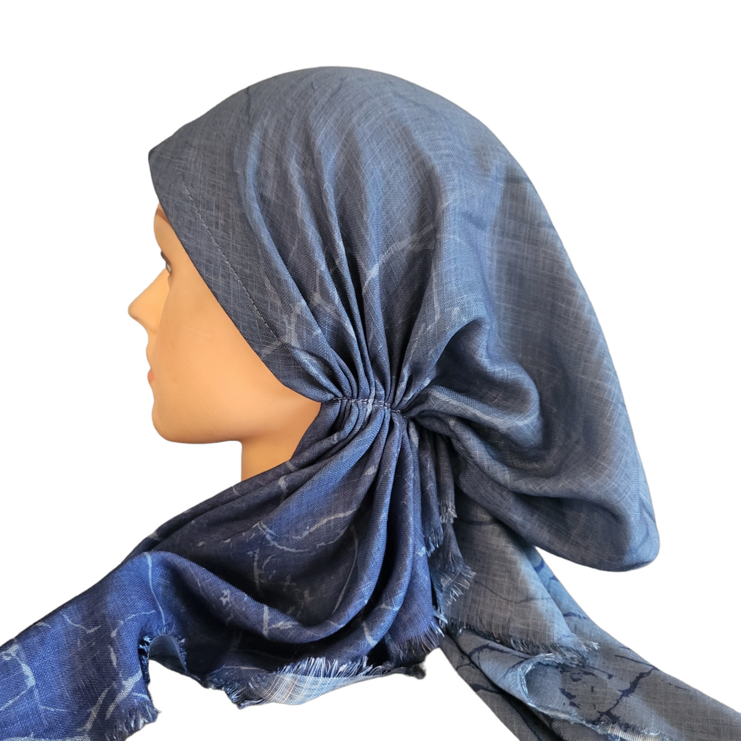 Denim shaded patterned - soft fringes pretied tichel