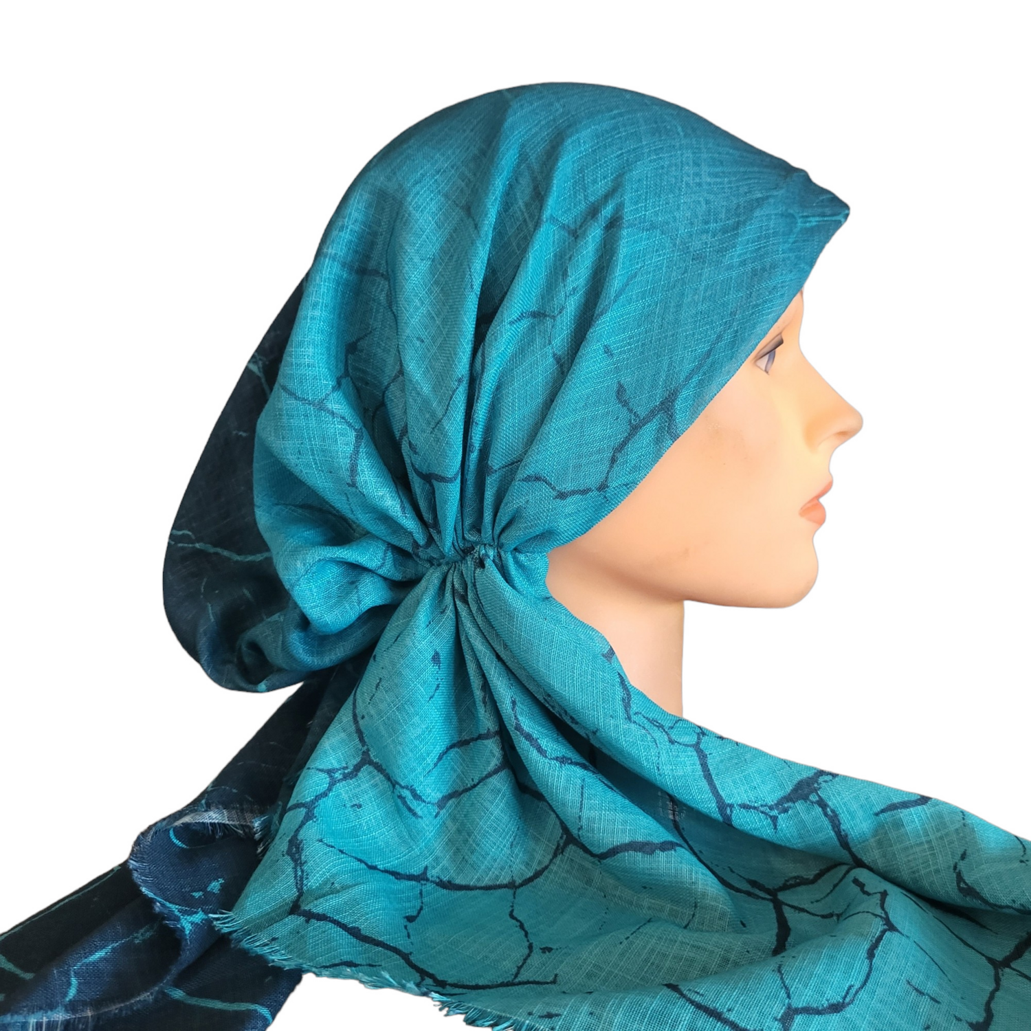 Turquoise shaded patterned - soft fringes pretied tichel