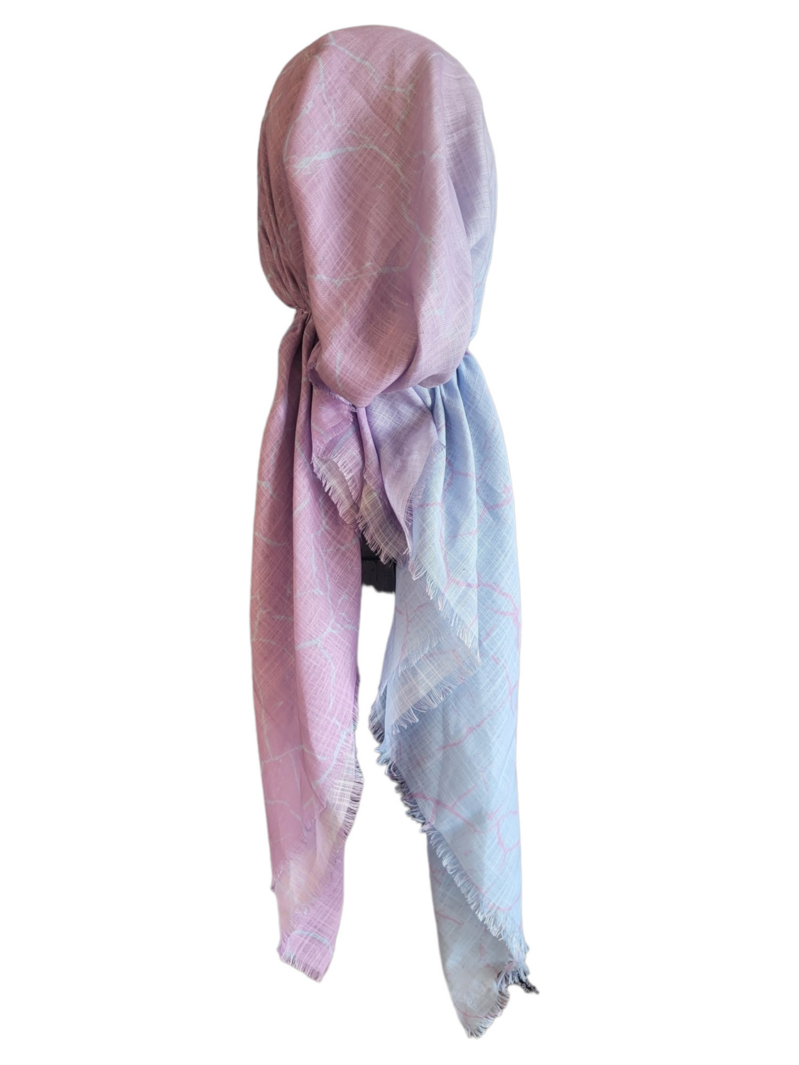 Light dusty pink/light blue shaded patterned - soft fringes pretied tichel
