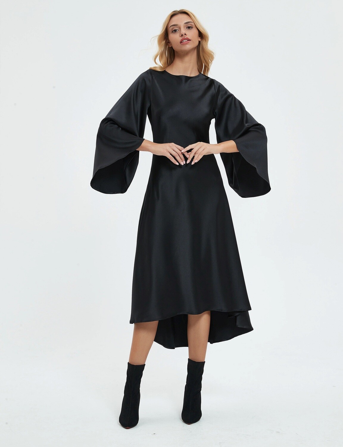 Dressy Bell sleeves Silky Dress, choose: black, Size: M