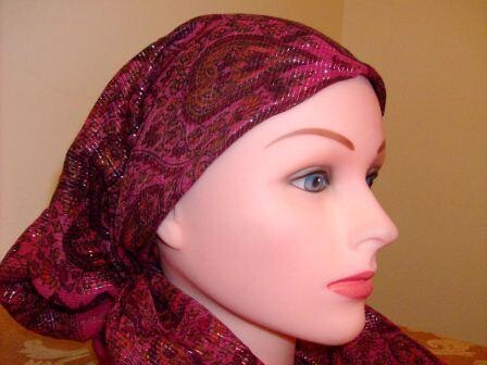 Fancy light red pre tied tichel bandana