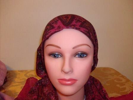 Fancy light red pre tied tichel bandana
