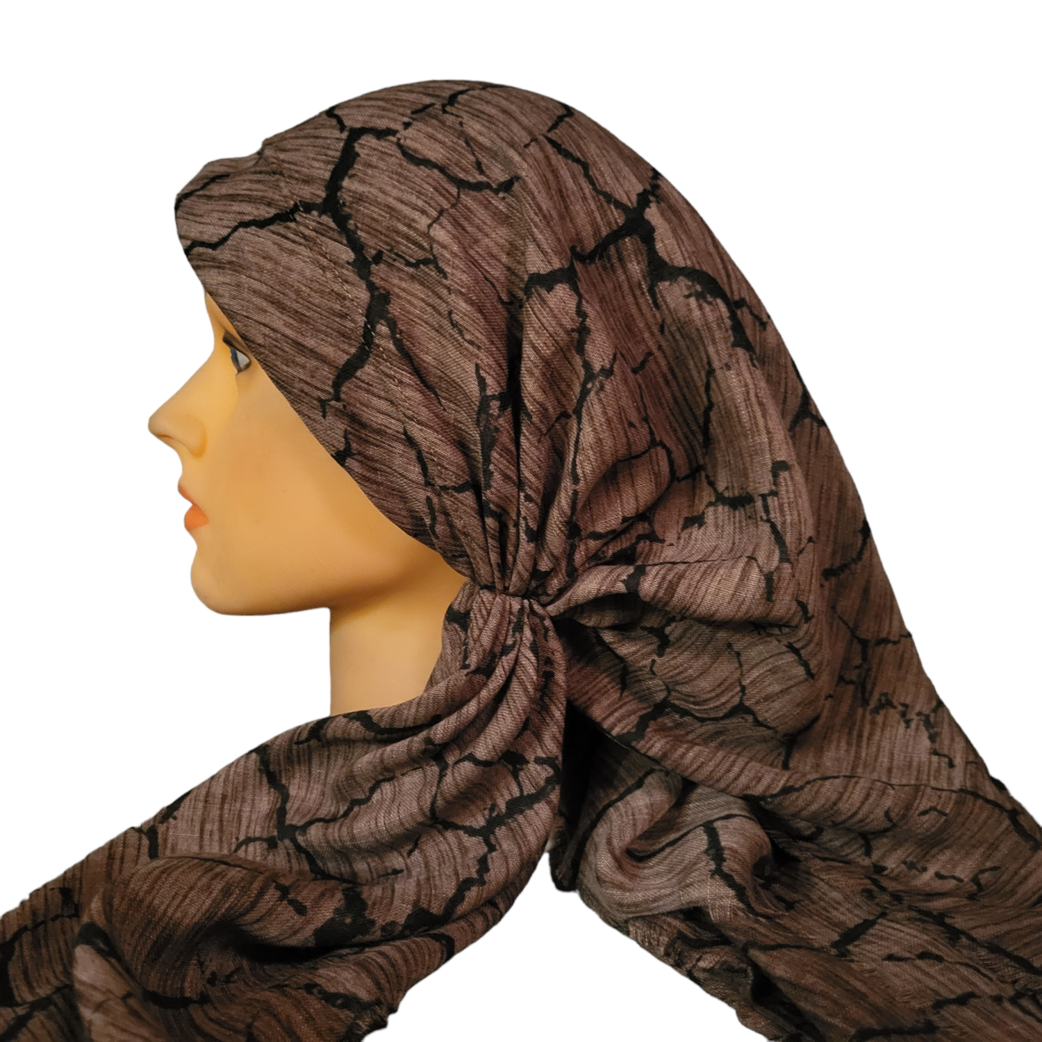 Brown long back pre-tied kerchief w/band sewn in  -  soft fringed edges material