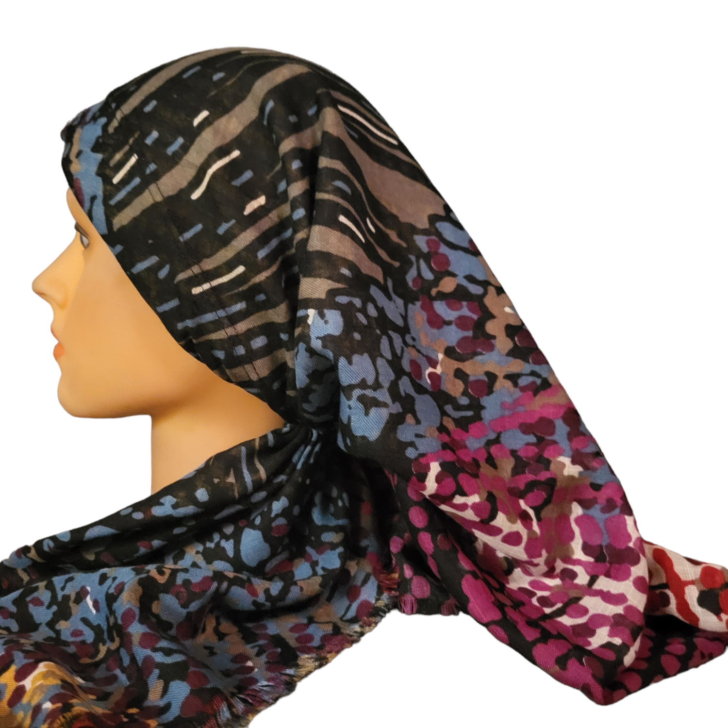 Multicolored long back pre-tied kerchief w/band sewn in  -  soft fringed edges material