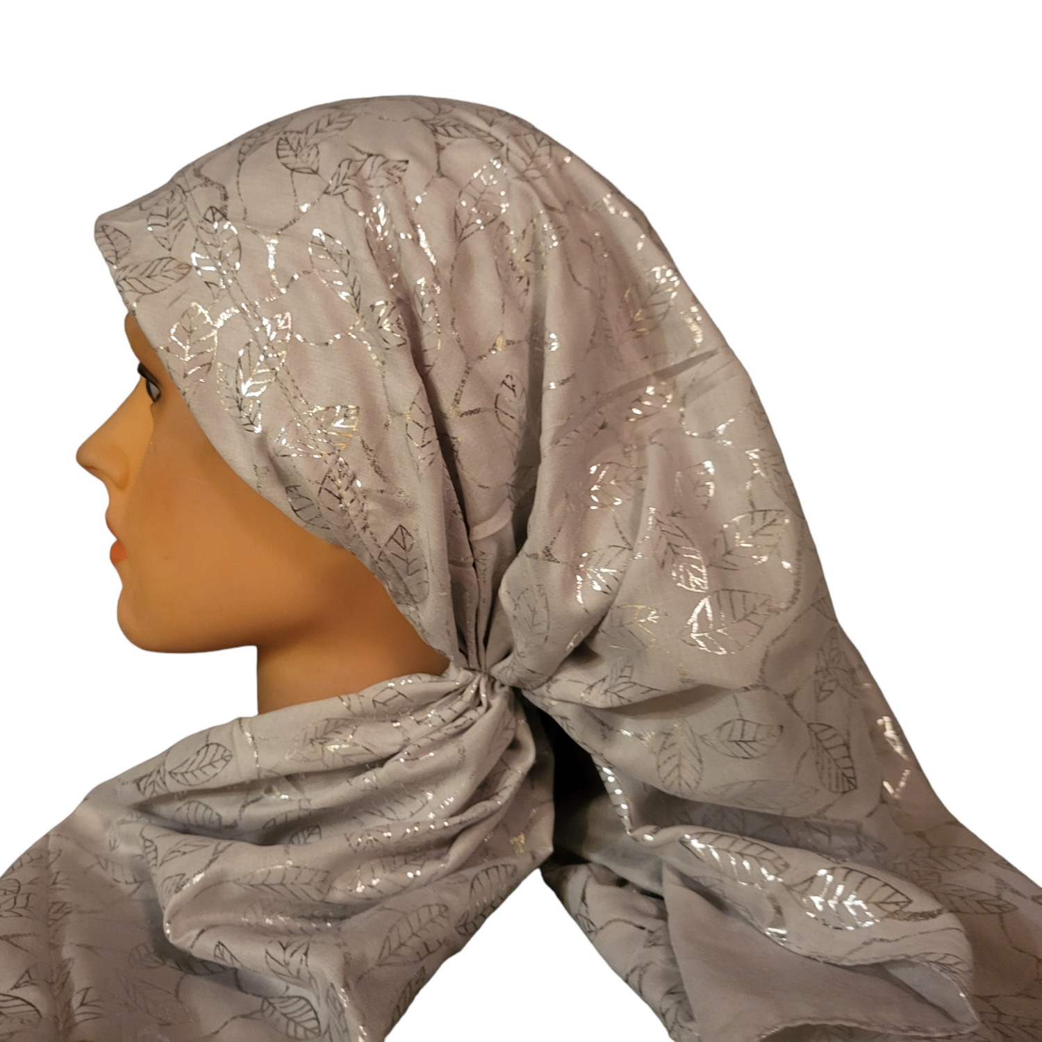 Light silvery gray w/silver metallic leaves long back pre-tied kerchief w/band sewn in  -  Thin slightly shiny material