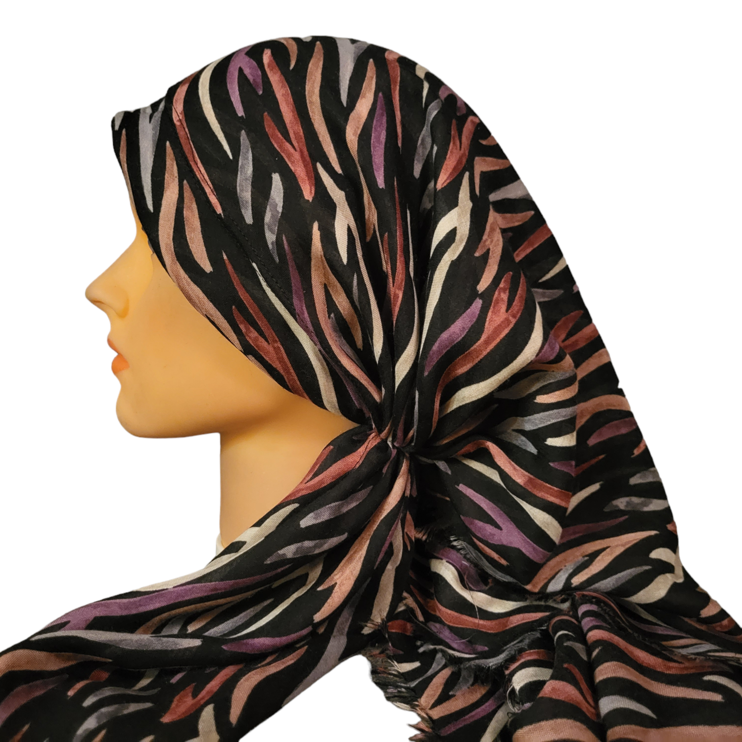 Black/pinks zebra long back pre-tied kerchief w/band sewn in  -  Turkish (shinier) soft fringed edges material