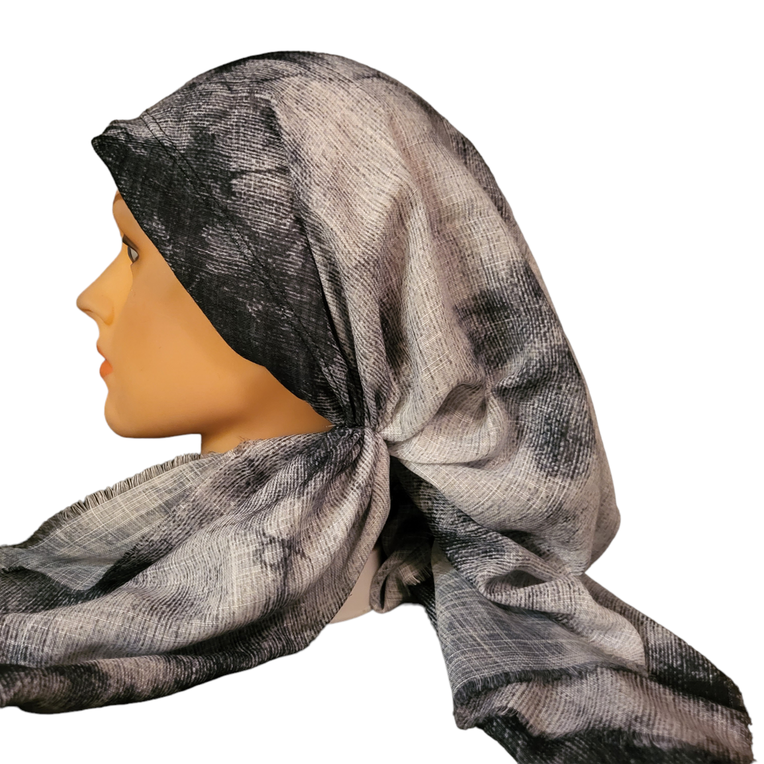 Gray tie dyed long back pre-tied kerchief w/band sewn in  -  soft fringed edges material