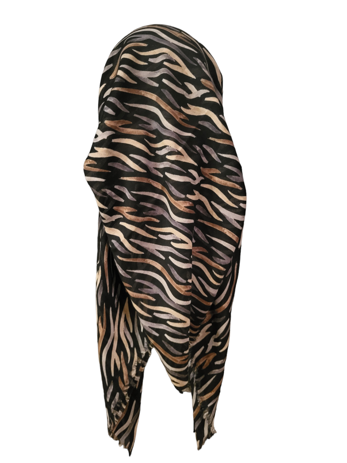 Black/beige zebra long back pre-tied kerchief w/band sewn in  -  Turkish (shinier) soft fringed edges material
