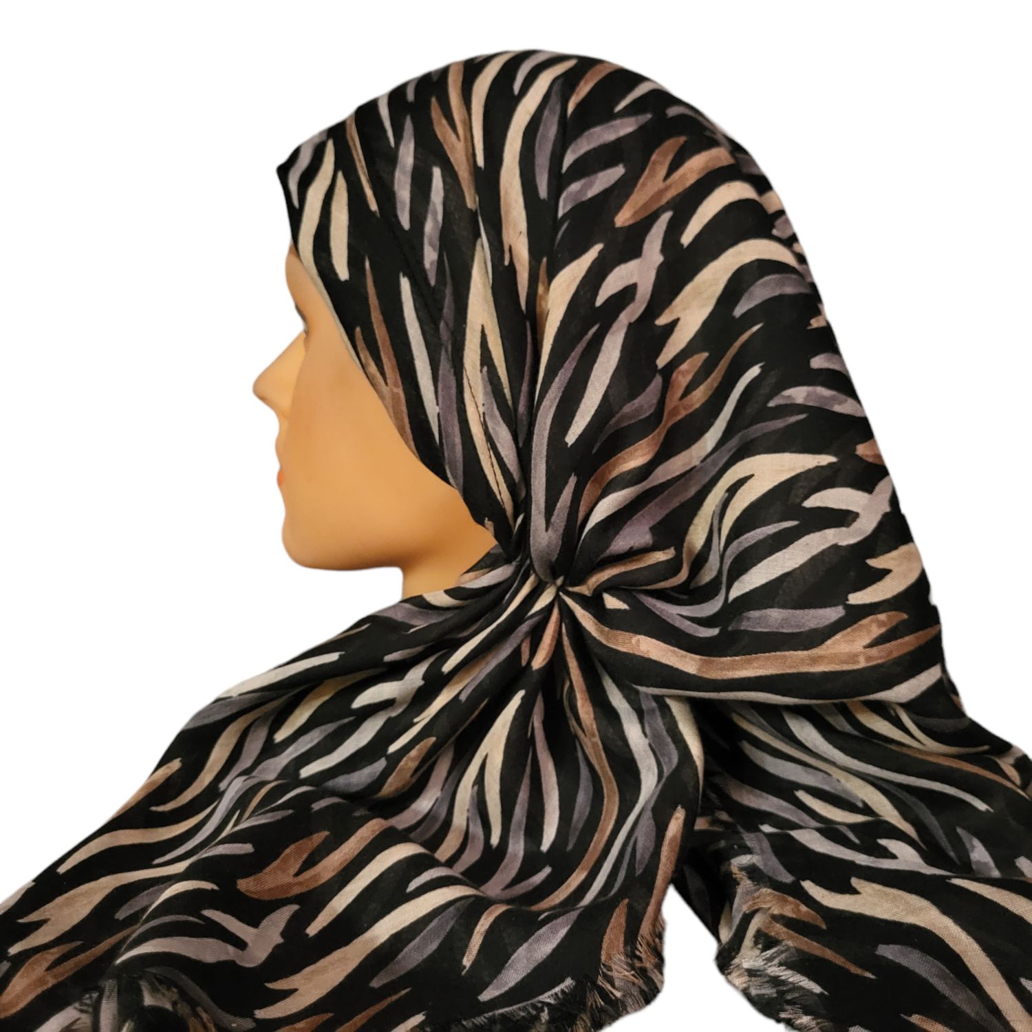 Black/beige zebra long back pre-tied kerchief w/band sewn in  -  Turkish (shinier) soft fringed edges material
