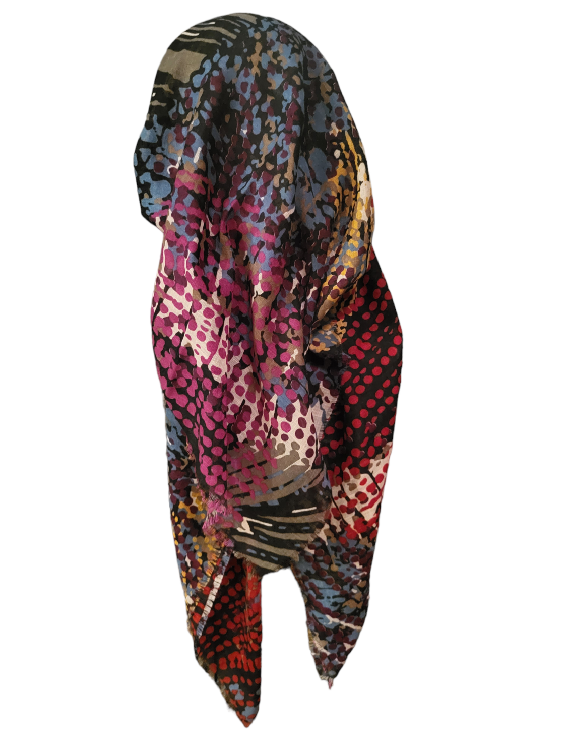 Multicolored long back pre-tied kerchief w/band sewn in  -  soft fringed edges material