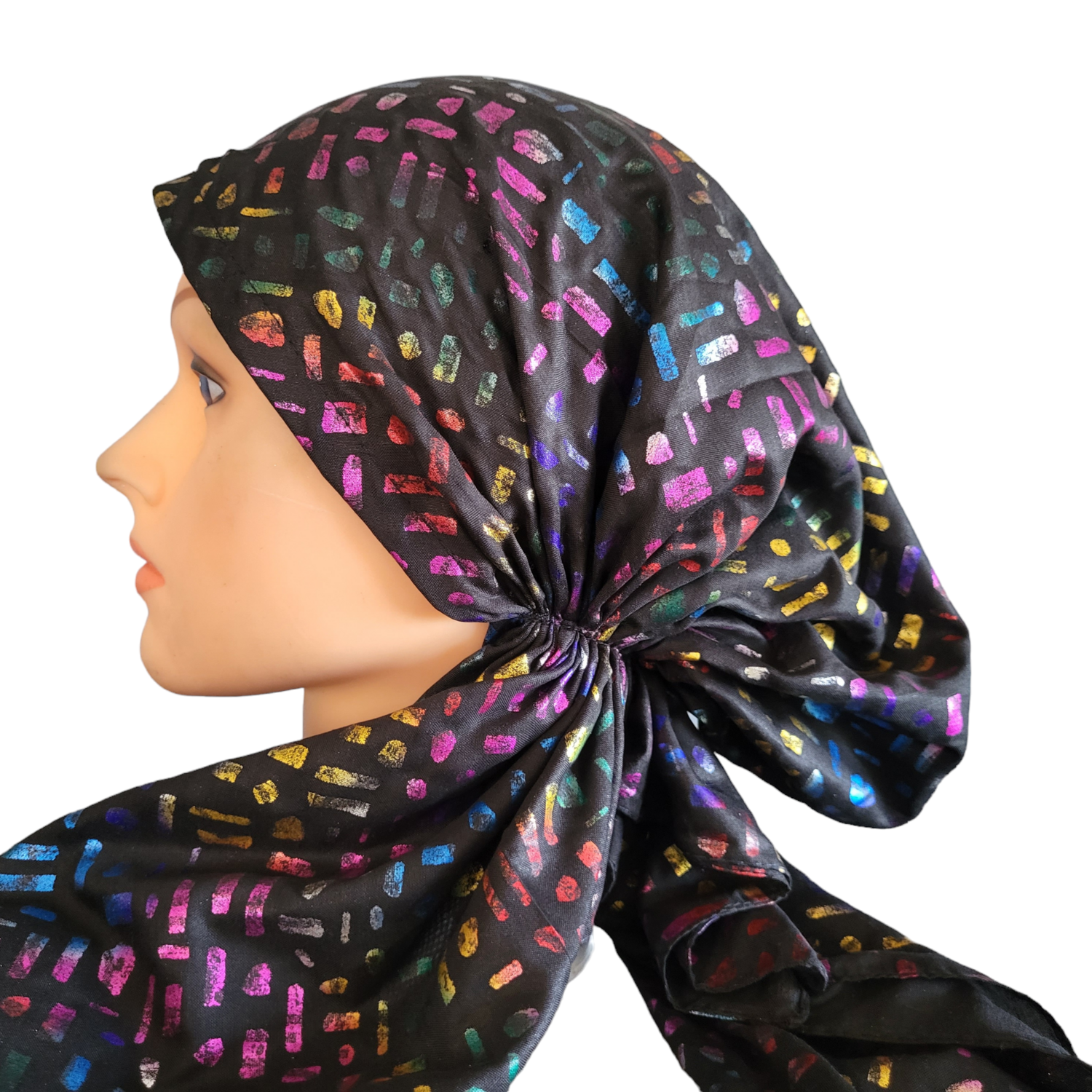 Black/colorful shapes metallic patterned pretied tichels