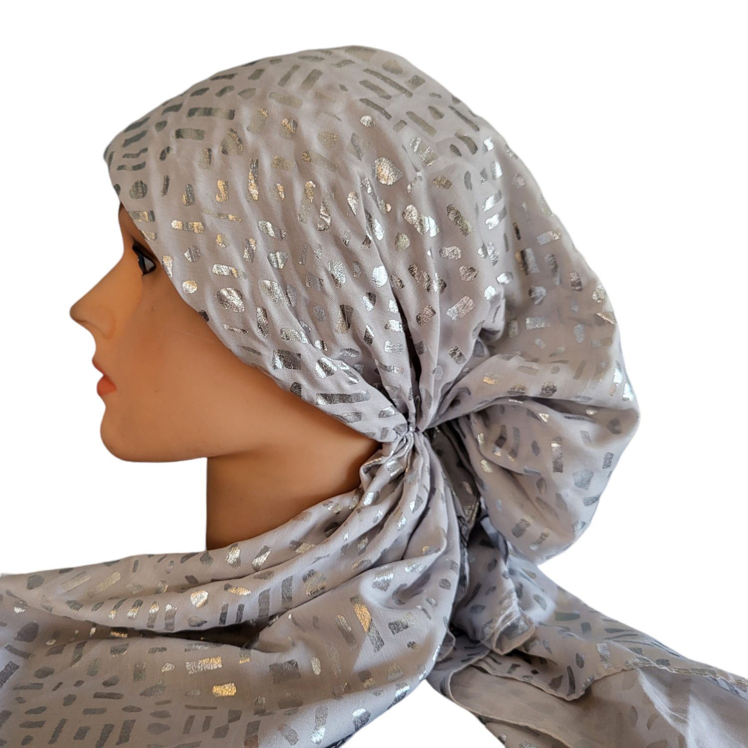 Light silvery gray/silver shapes metallic patterned pretied tichels