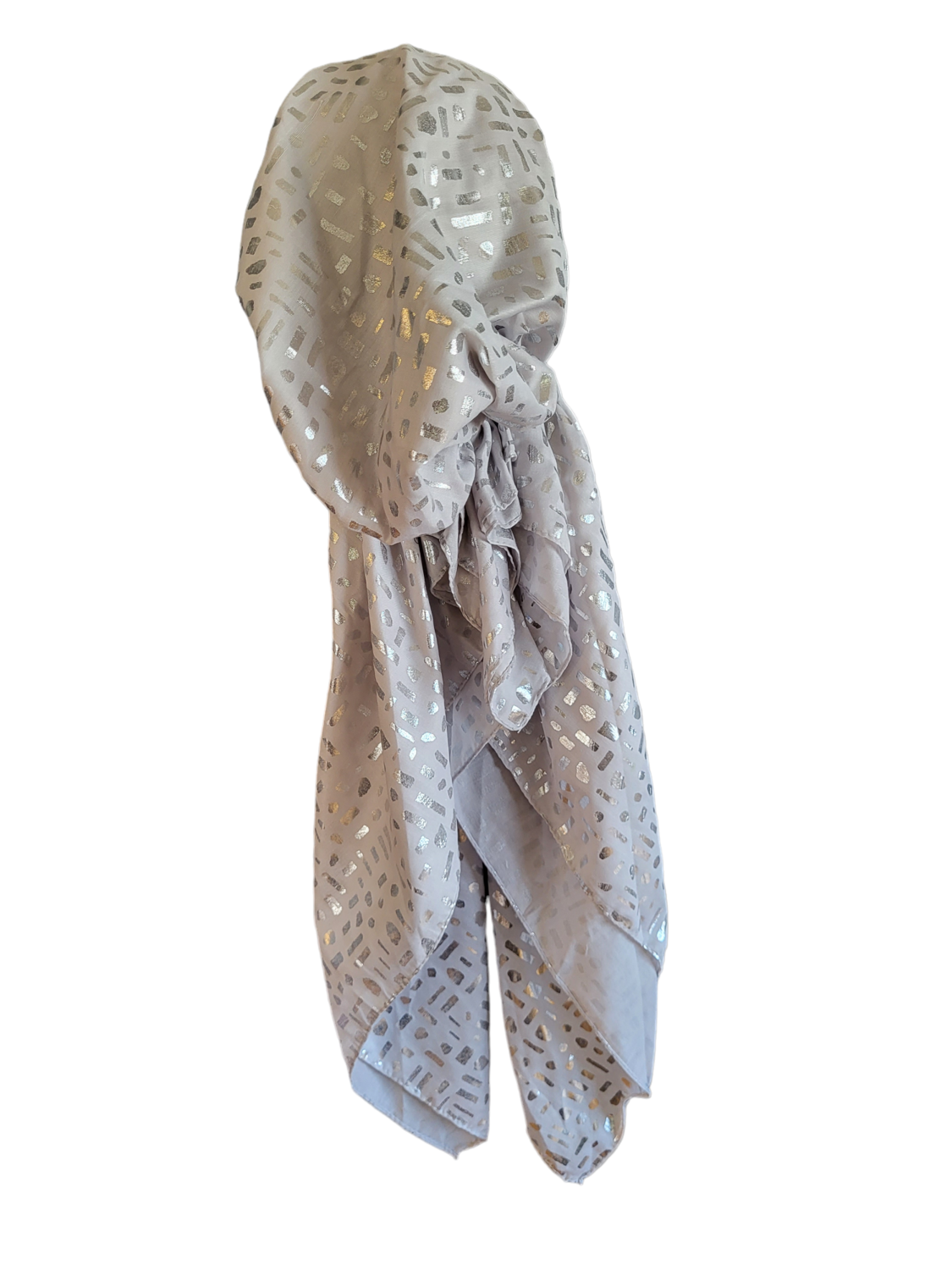 Light silvery gray/silver shapes metallic patterned pretied tichels