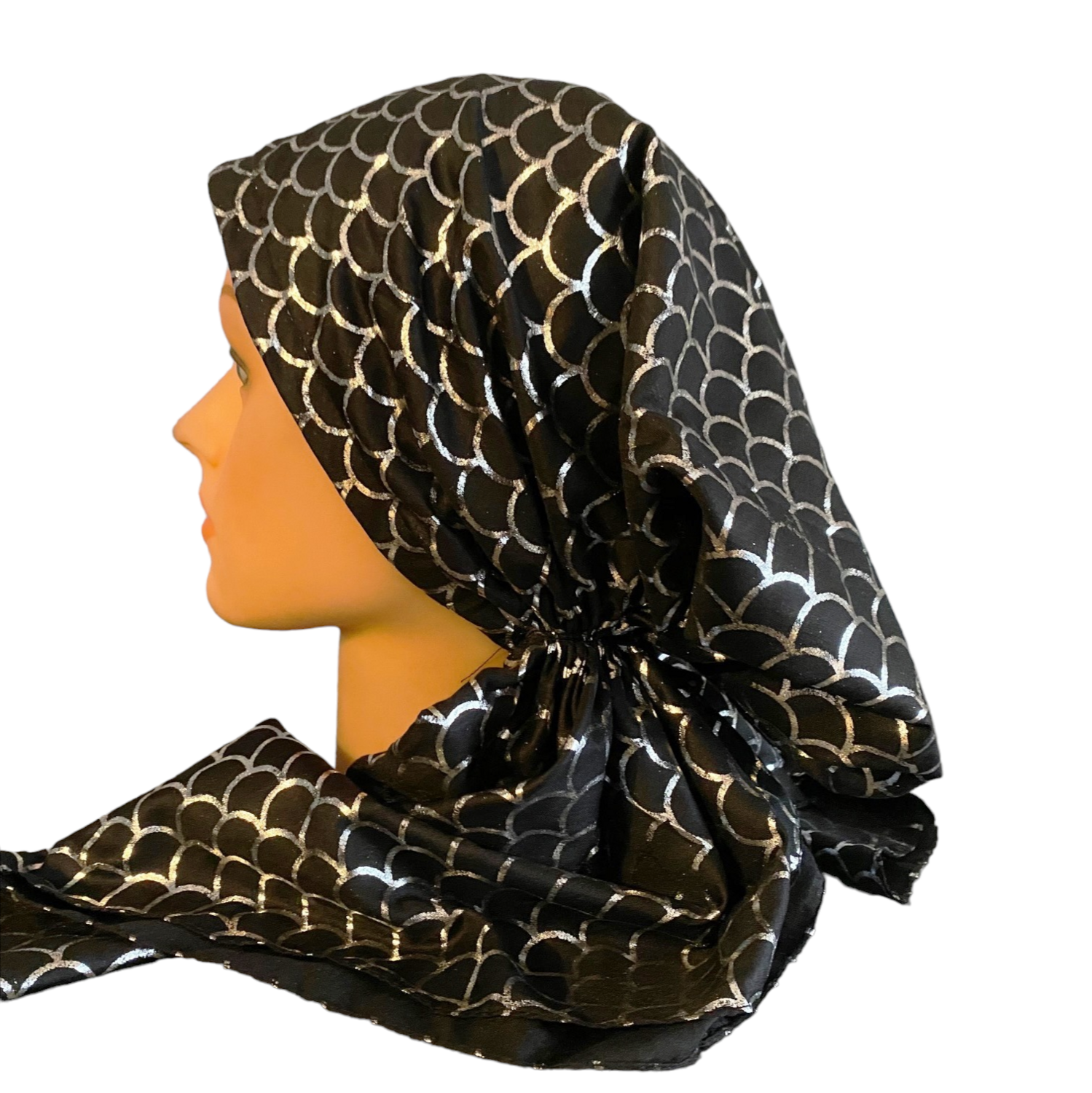 Black - silver scales patterned pretied tichel