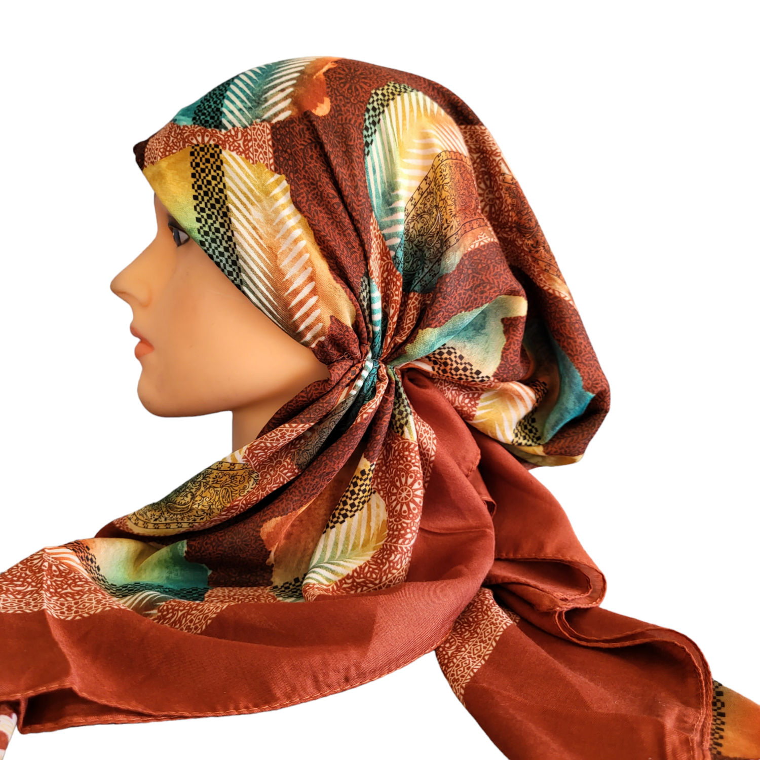 Rust - multicolored Turkish pretied tichel (BBS)