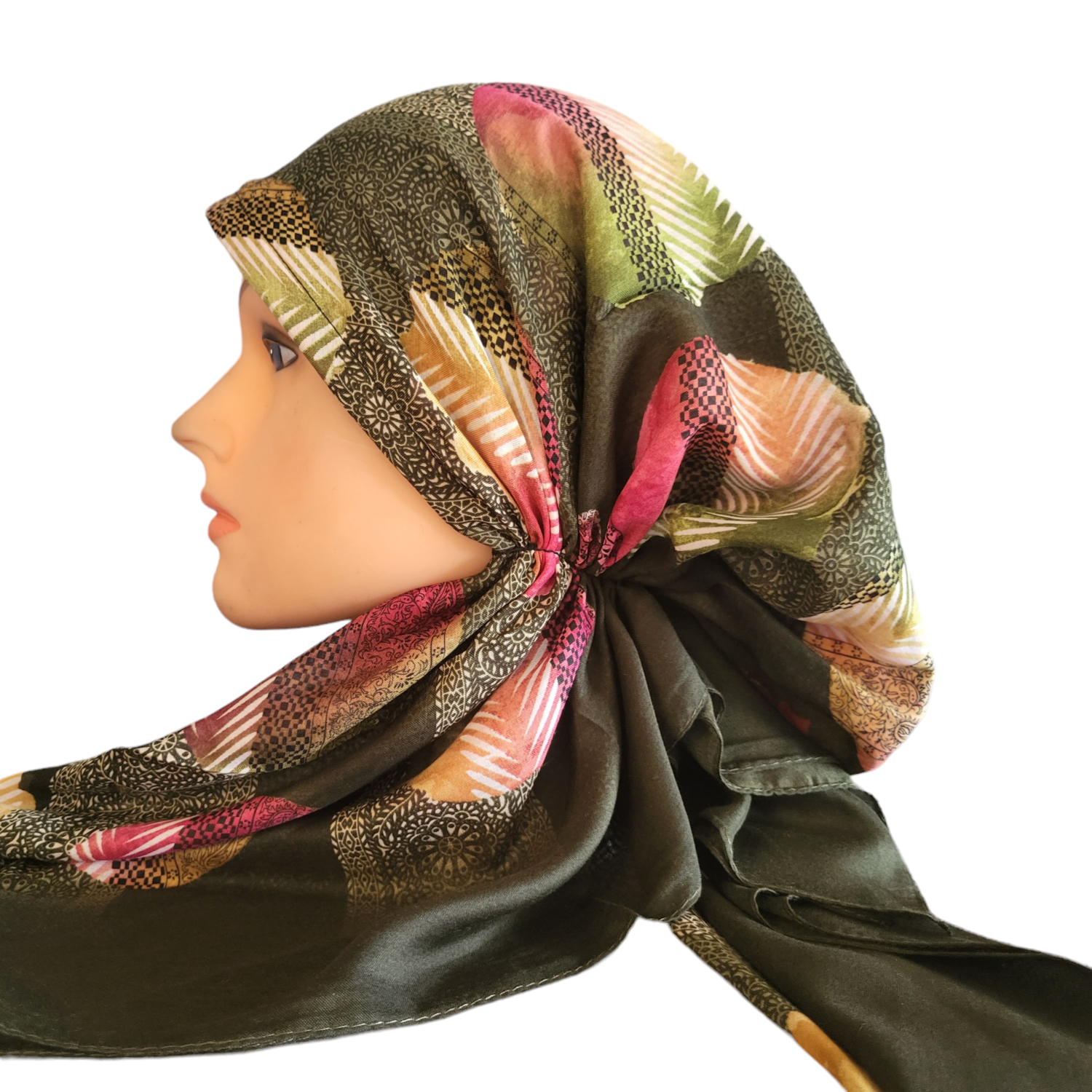 Olive - multicolored Turkish pretied tichel (BBS)