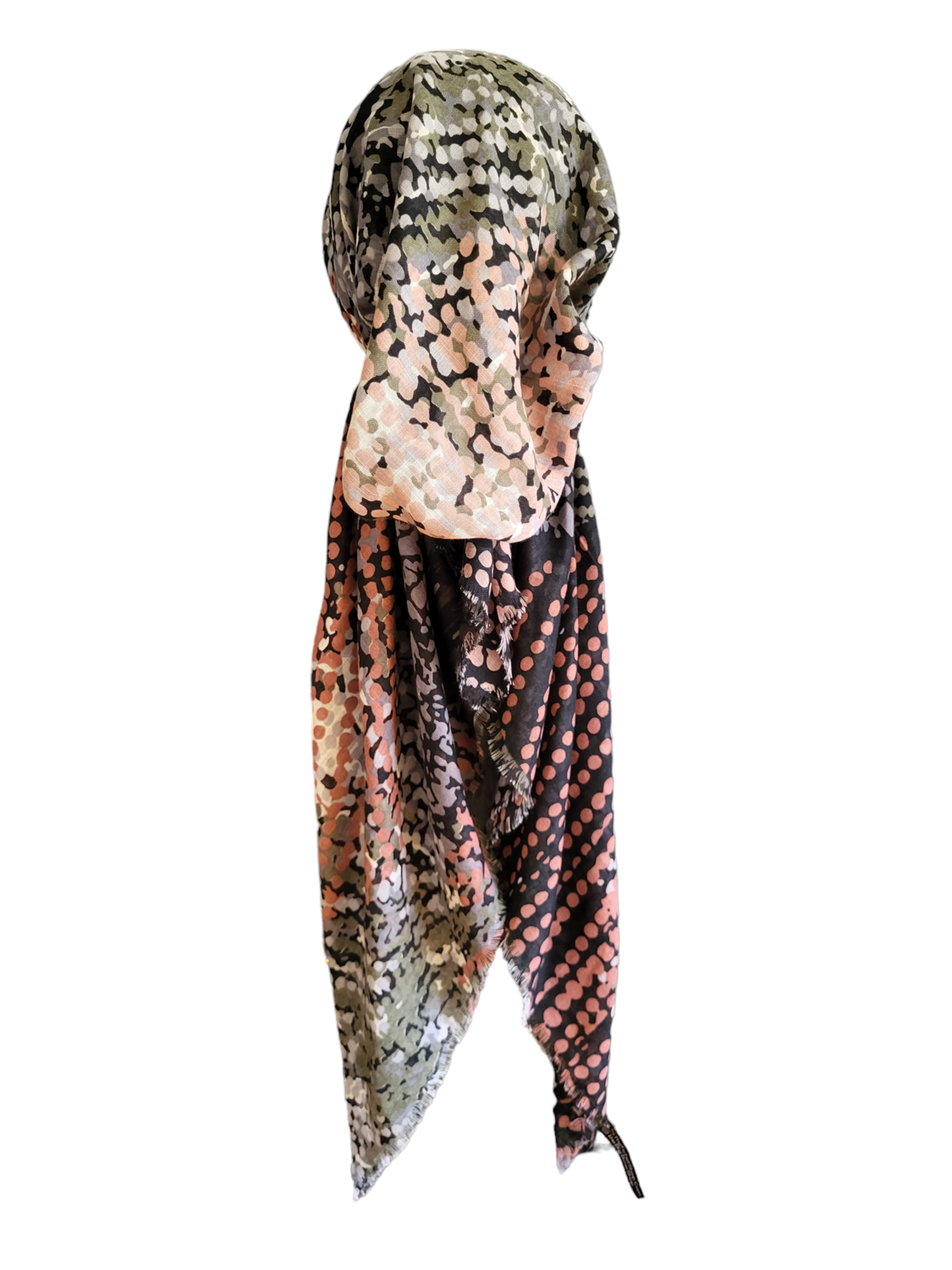 Green &amp; gray multicolored dotted pattern - soft fringes pretied tichel