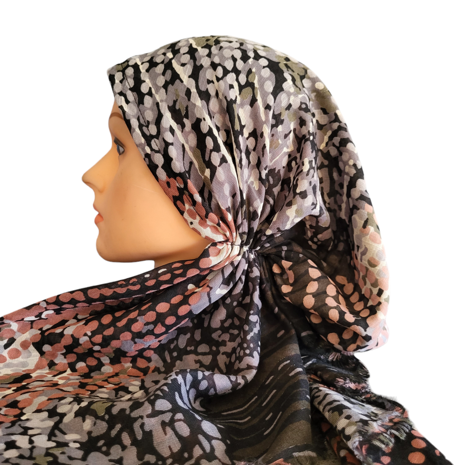 Green &amp; gray multicolored dotted pattern - soft fringes pretied tichel