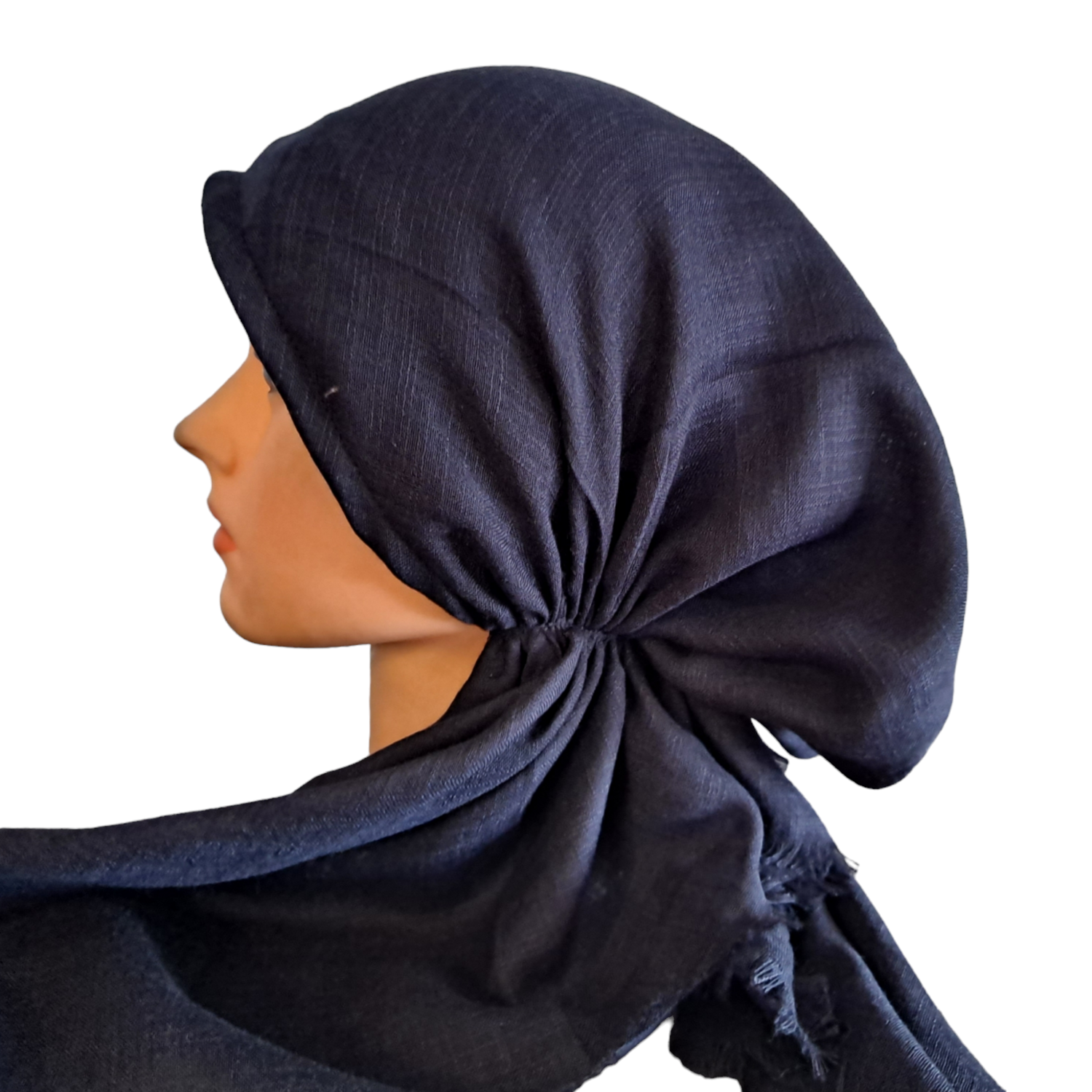 Navy solid  - soft fringes pretied tichel