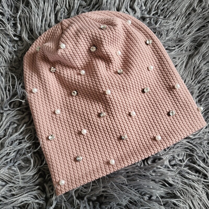 Blush - bejeweled fine cable ribbed beanie