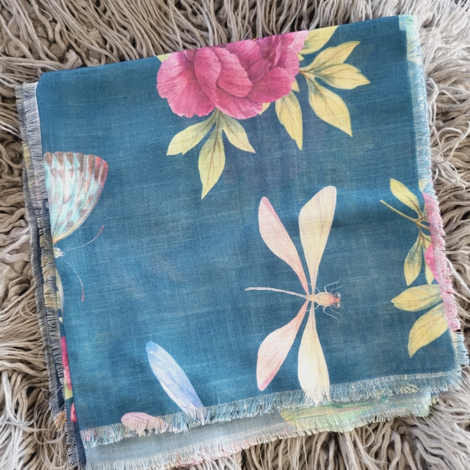 Teal  - butterflies &amp; floral soft fringes tichel