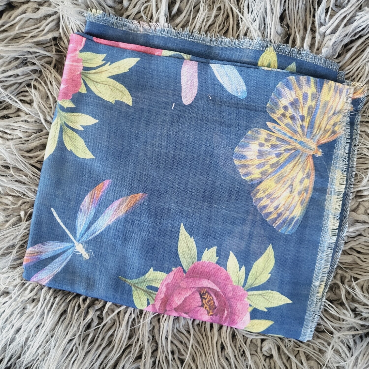Dark denim - butterflies &amp; floral soft fringes tichel