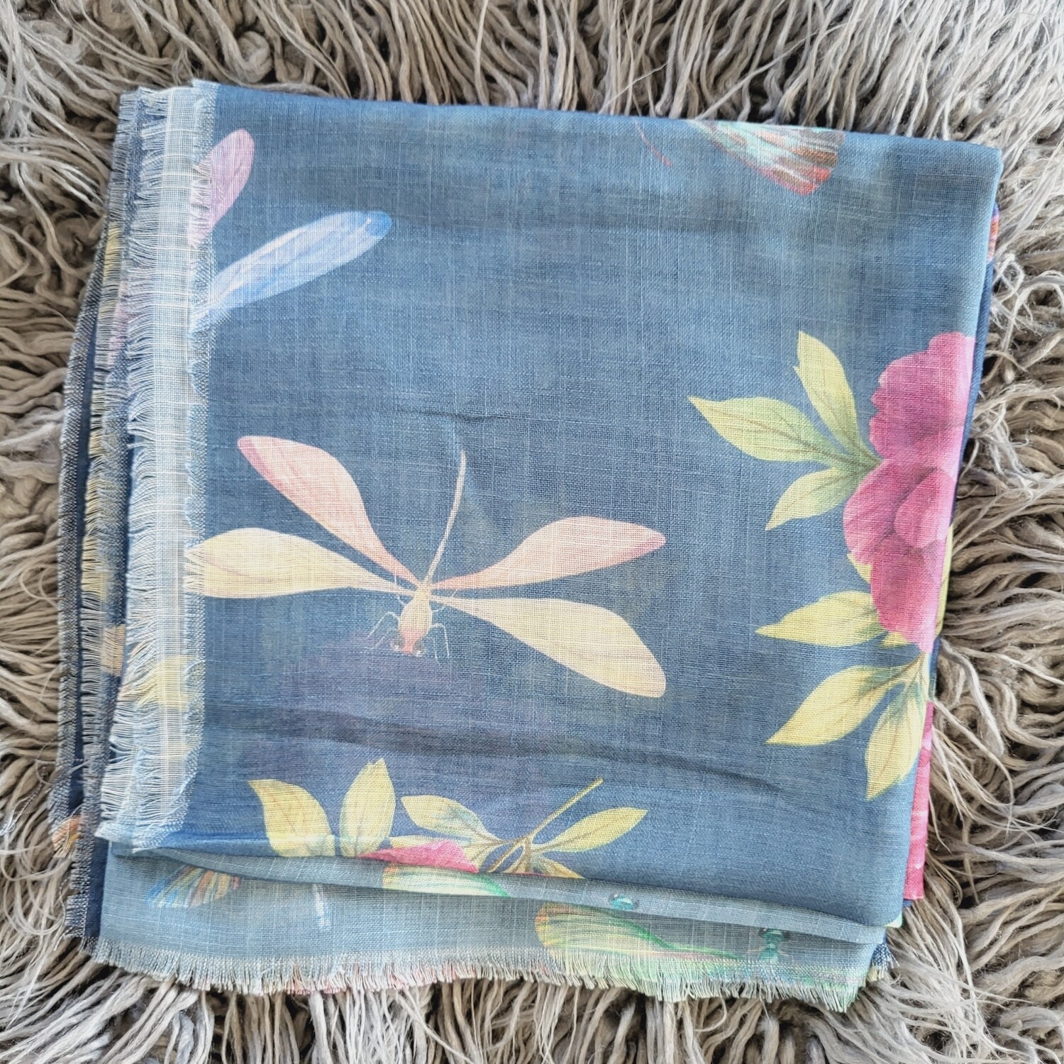Light denim - butterflies &amp; floral soft fringes tichel