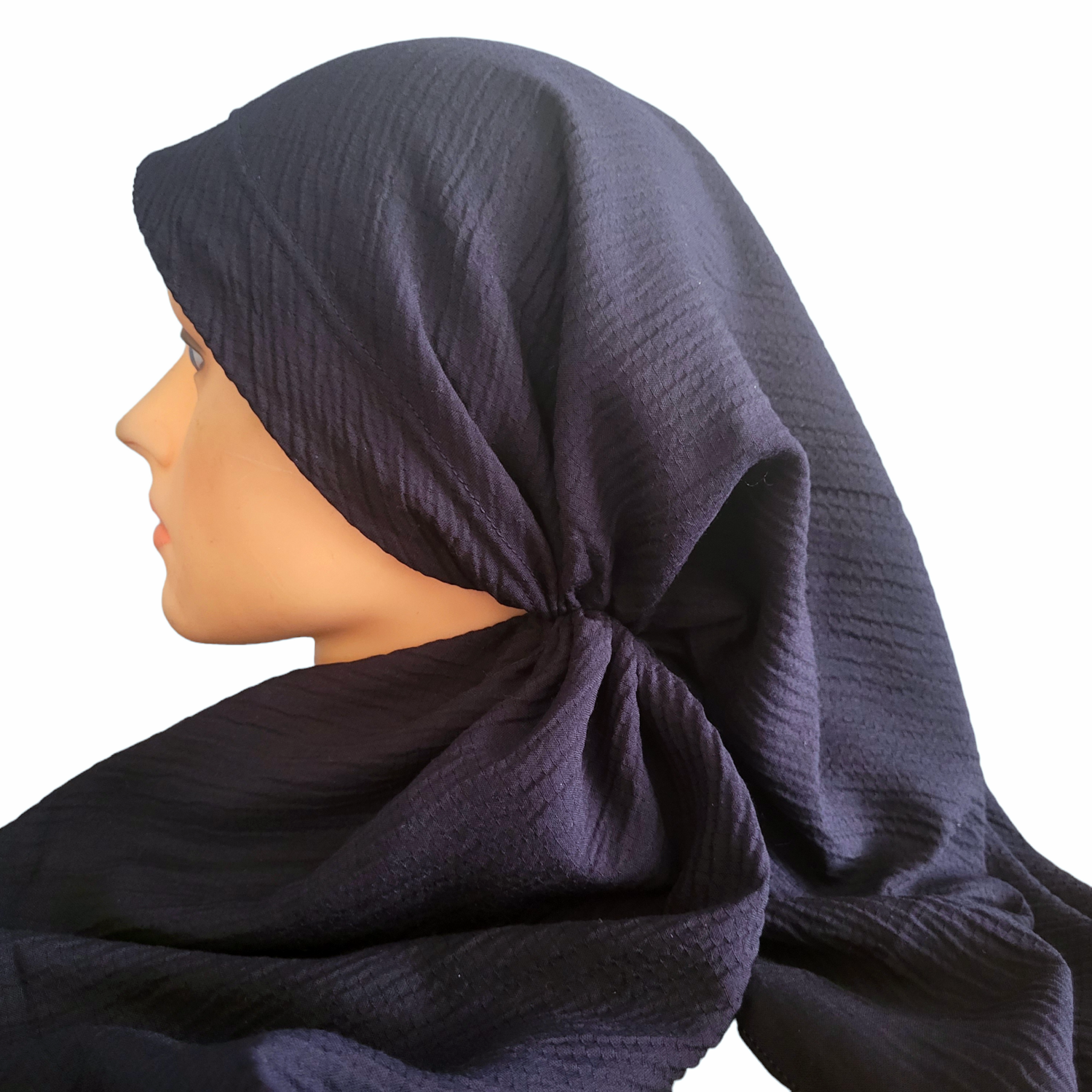 Solid dark navy textured long back pre-tied kerchief w/band sewn in