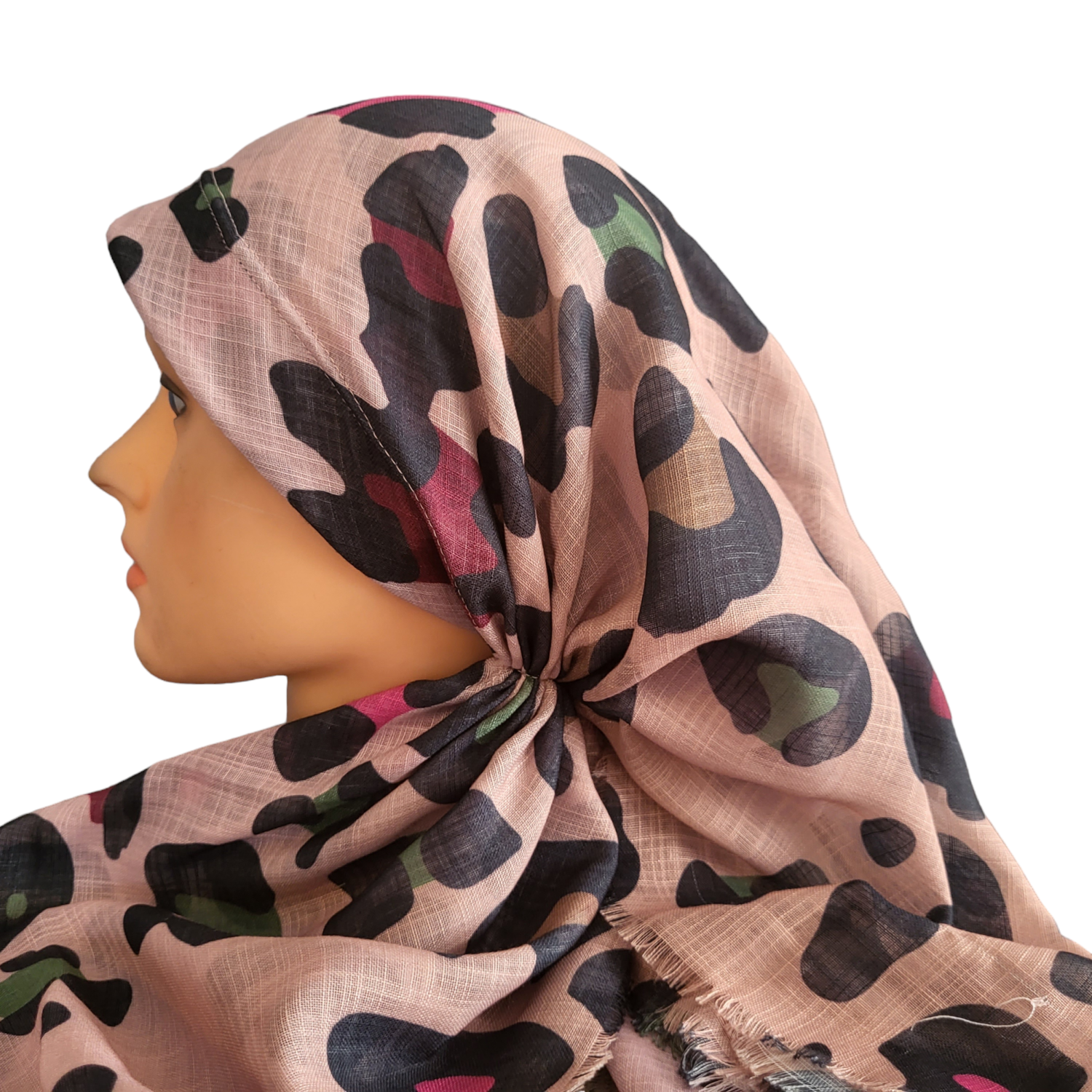Light peachy pink leopard long back pre-tied kerchief w/band sewn in  -  soft fringed edges material