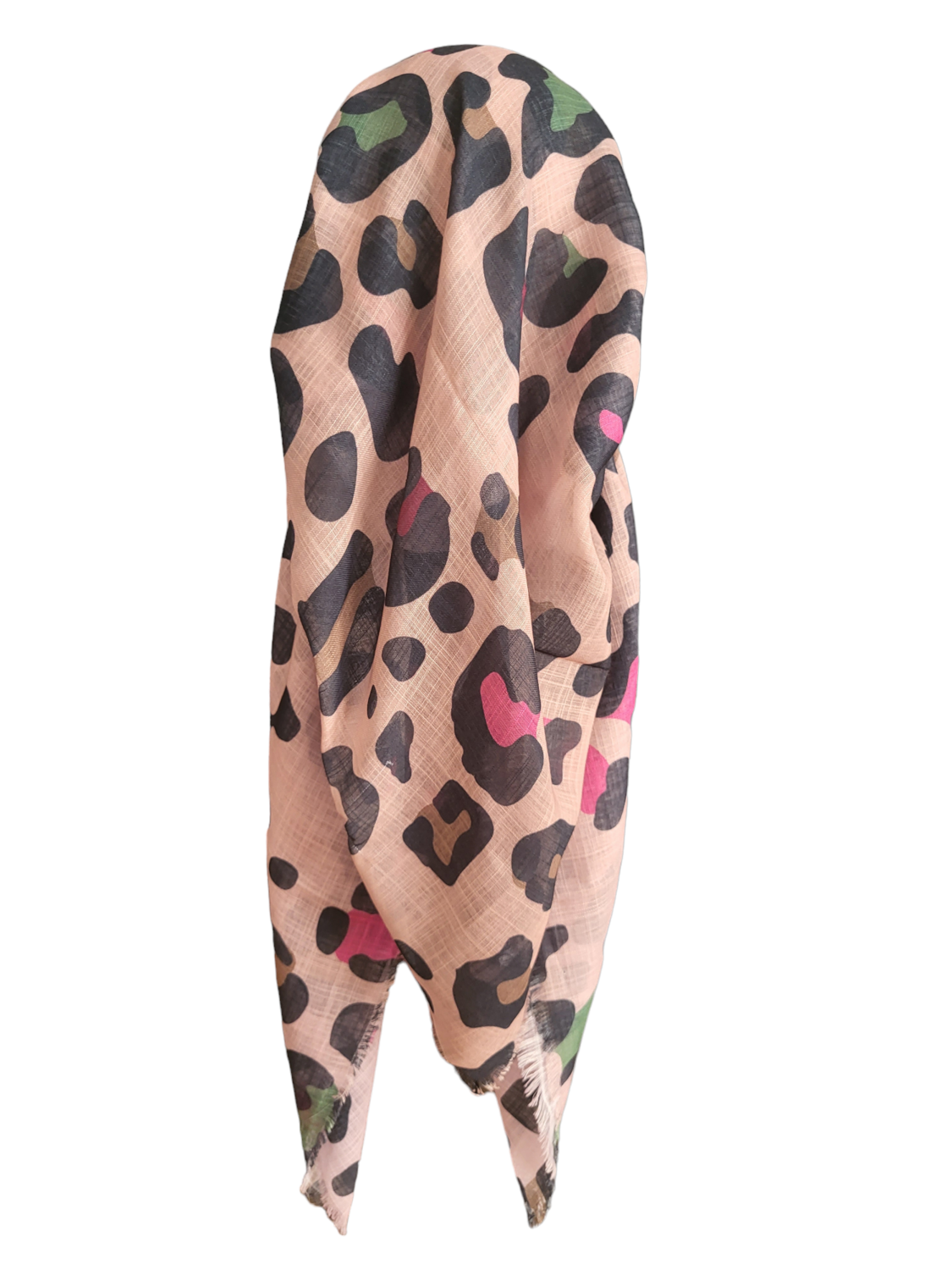 Light peachy pink leopard long back pre-tied kerchief w/band sewn in  -  soft fringed edges material