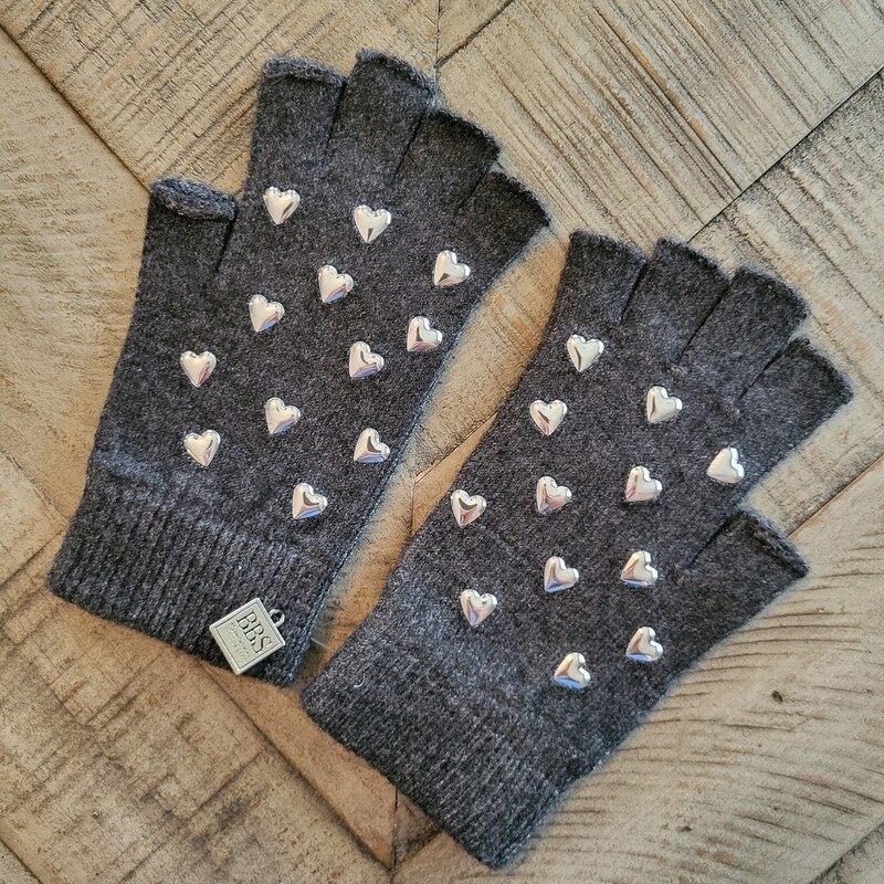 Thin half finger gloves w/silver hearts - charcoal