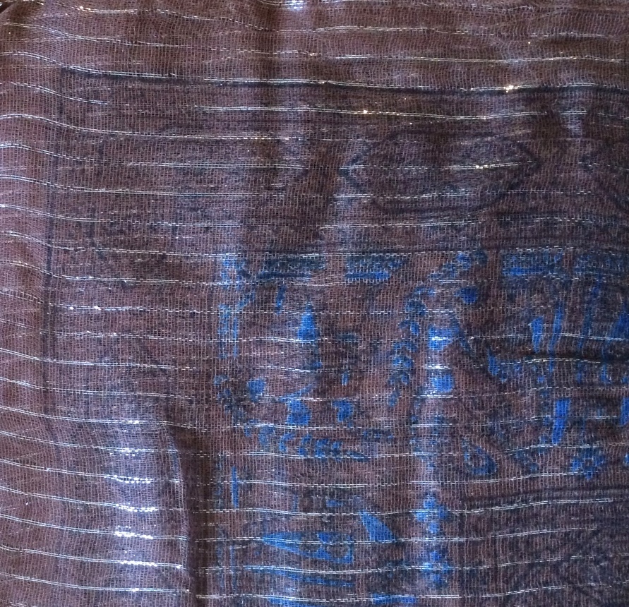 Brown lurex tichel with blue pattern