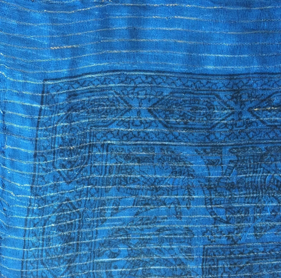 Denim lurex tichel with blue pattern