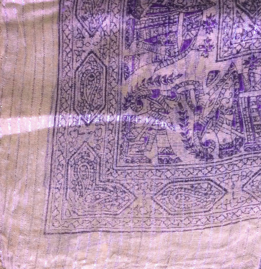 Peachy lurex tichel with blue pattern
