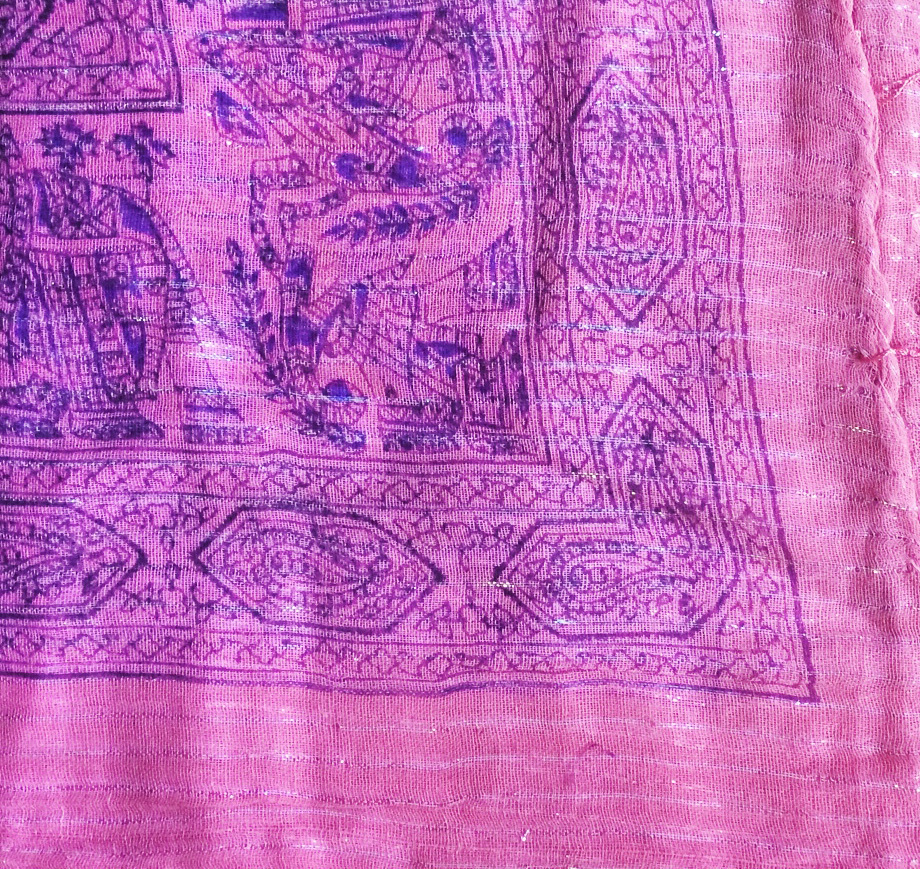 Medium pink lurex tichel with blue pattern