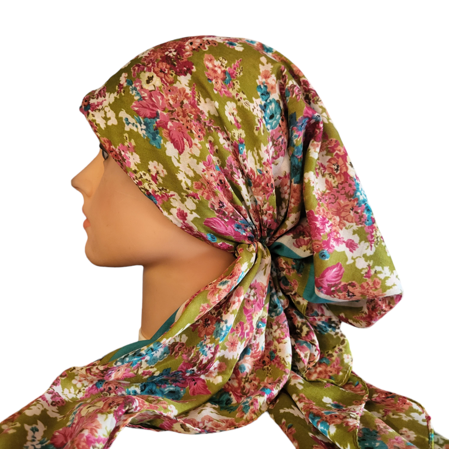 Green - floral Turkish pretied tichel (BBS)