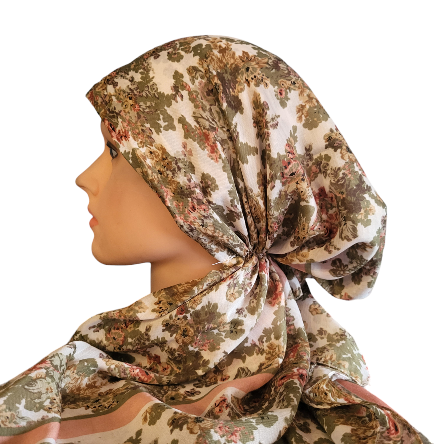 White/olive - floral Turkish pretied tichel (BBS)