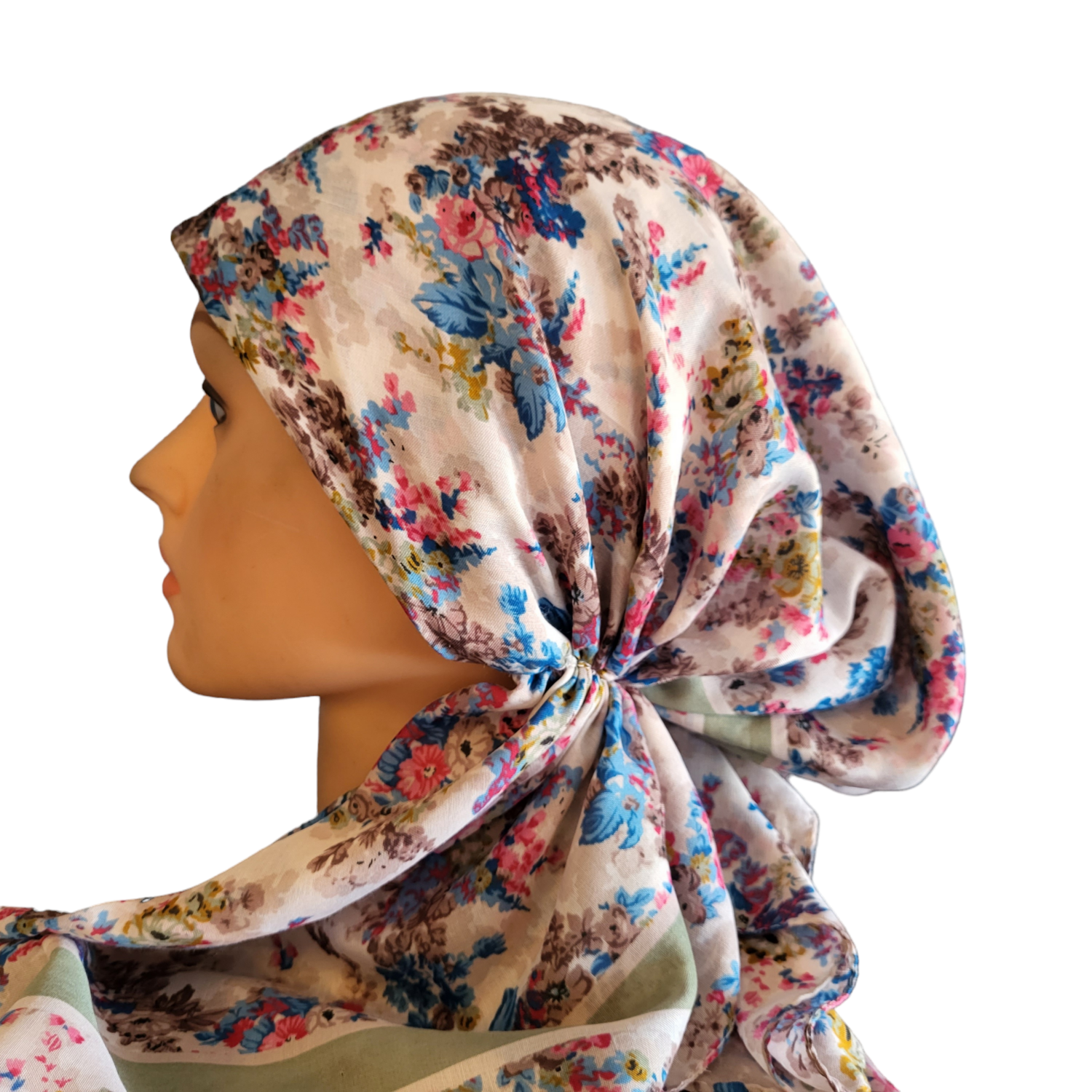 With blue - floral Turkish pretied tichel (BBS)