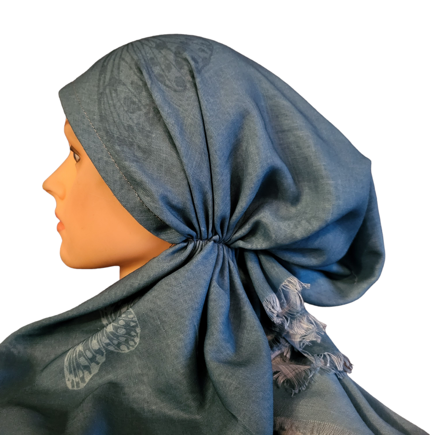 Teal shaded w/butterflies - soft fringes pretied tichel