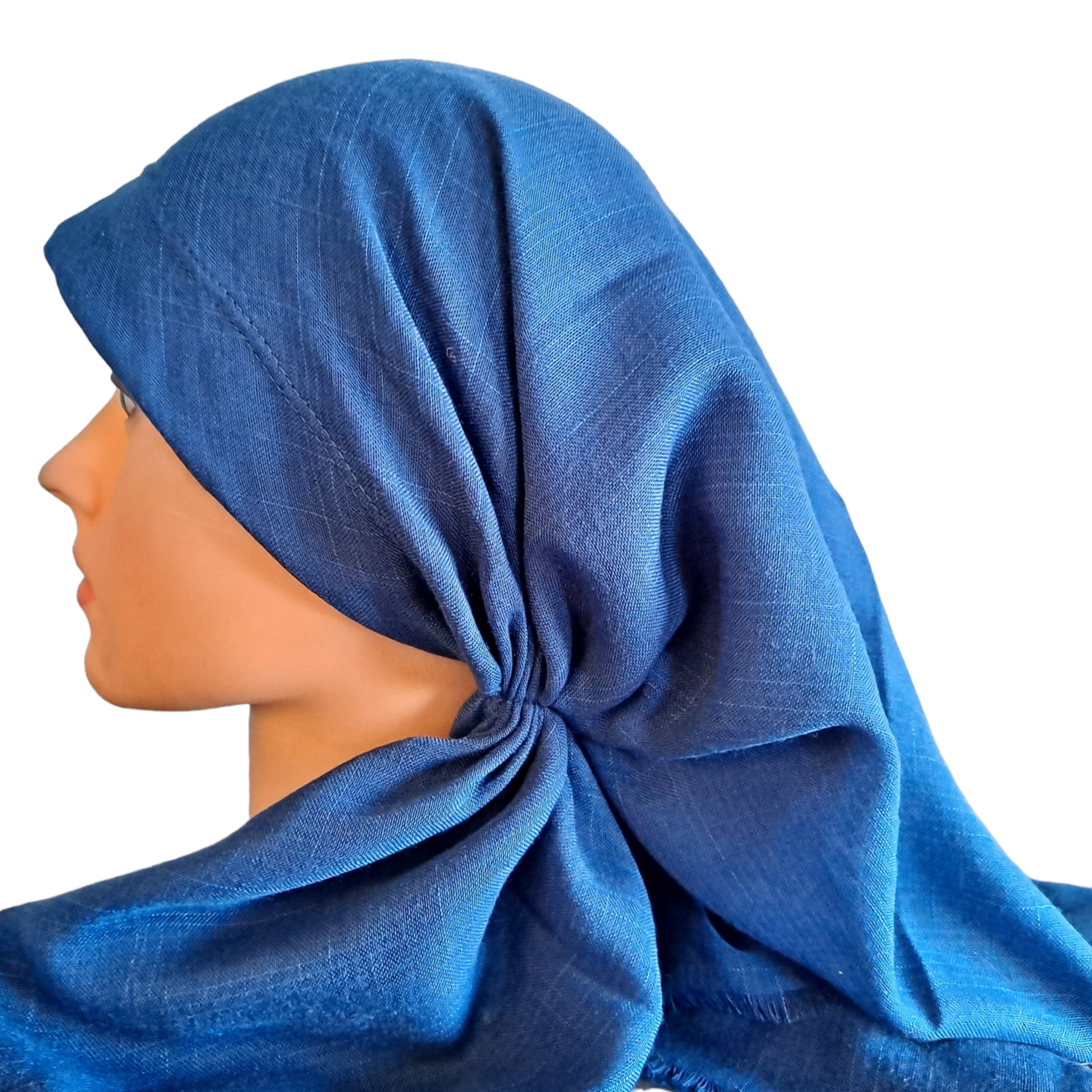 Dark denim color long back pre-tied kerchief w/band sewn in  - Soft fringe edges material