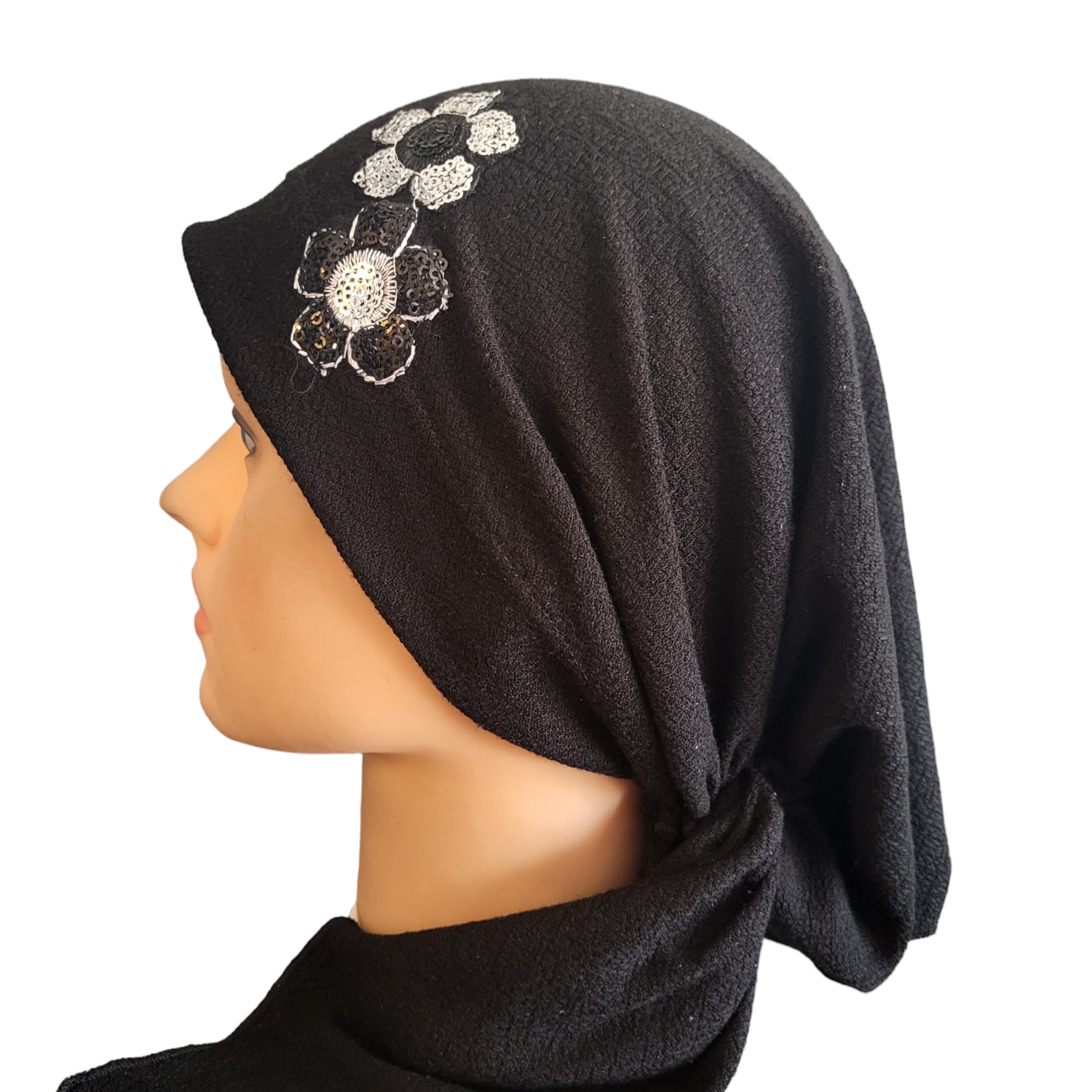 XL - Black pre tied tichel w/applique - W/band sewn in
