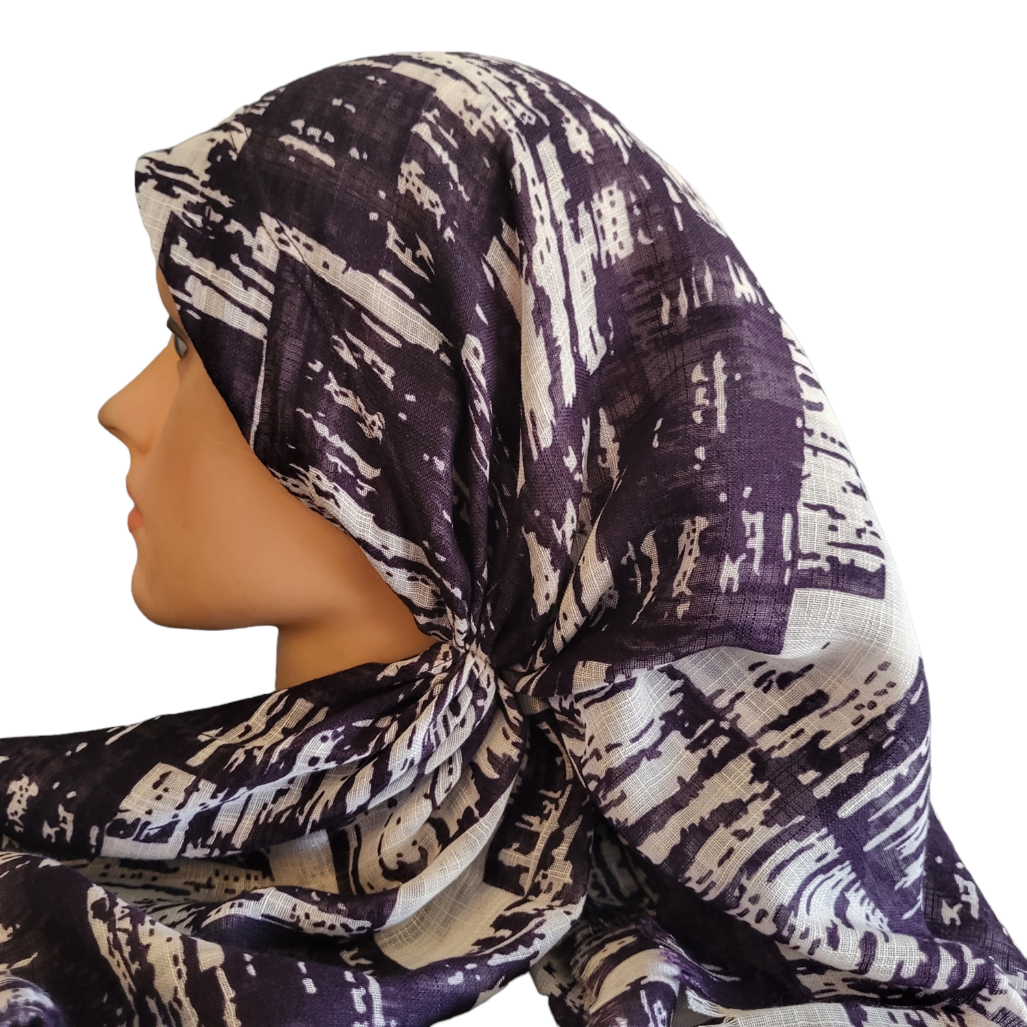 Eggplant patterned - long back pre-tied kerchief w/band sewn in - soft fringed edges material