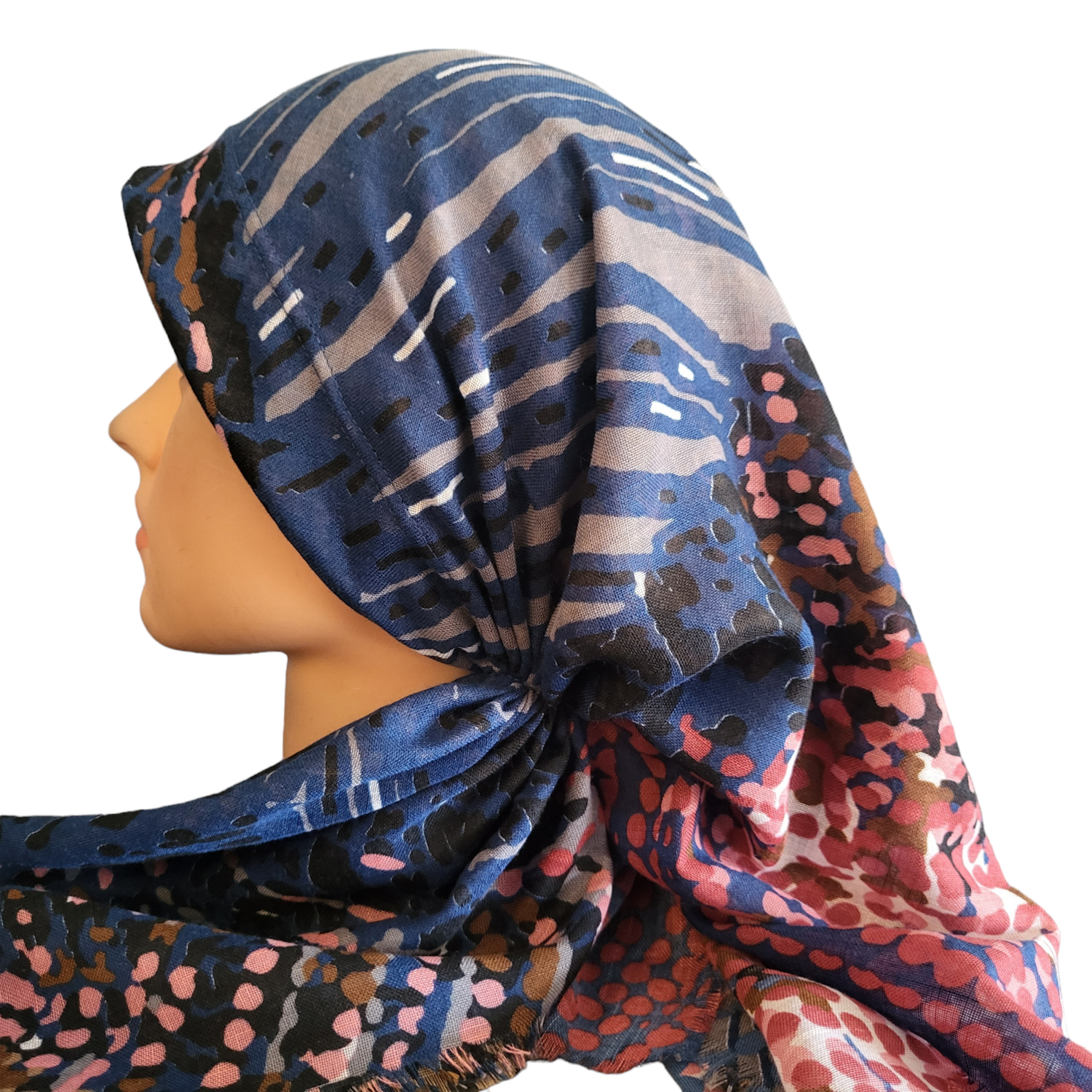 Blue dotted patterned - long back pre-tied kerchief w/band sewn in  -  soft fringed edges material