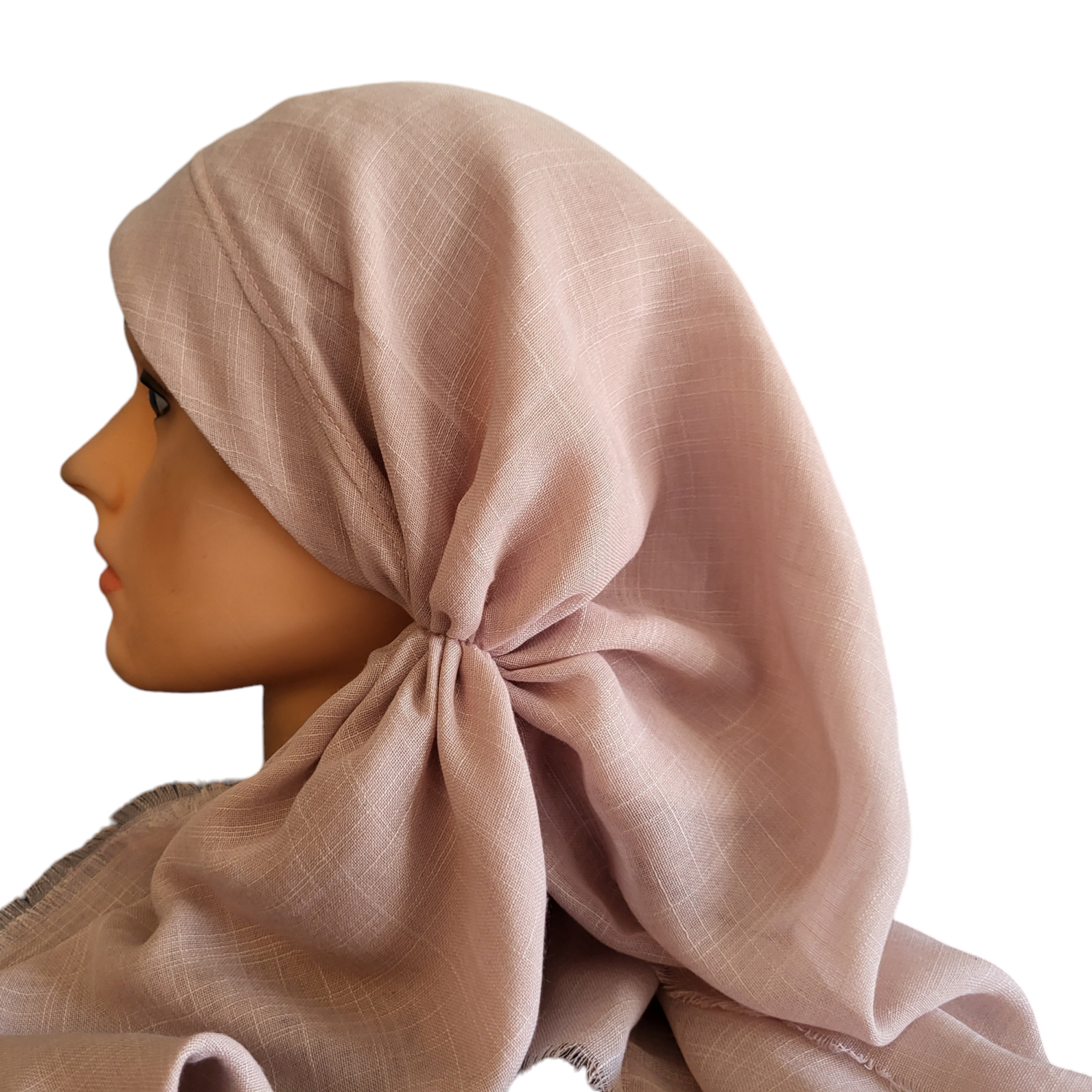 Dusty blush/tan - long back pre-tied kerchief w/band sewn in  -  soft fringed edges material